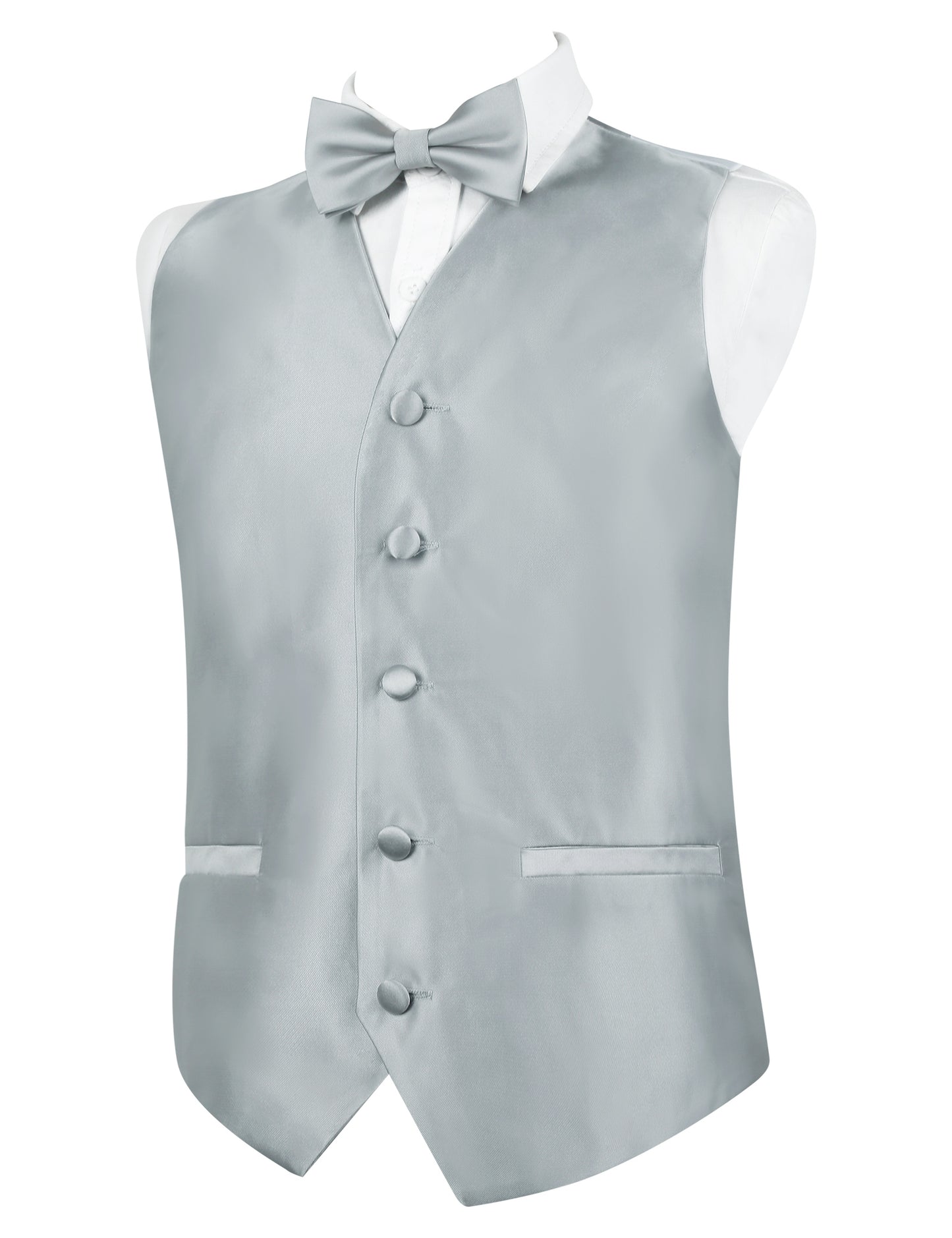 Boy's Classic Solid Bow Tie, Necktie and Suit Vest Set, 078-Silver