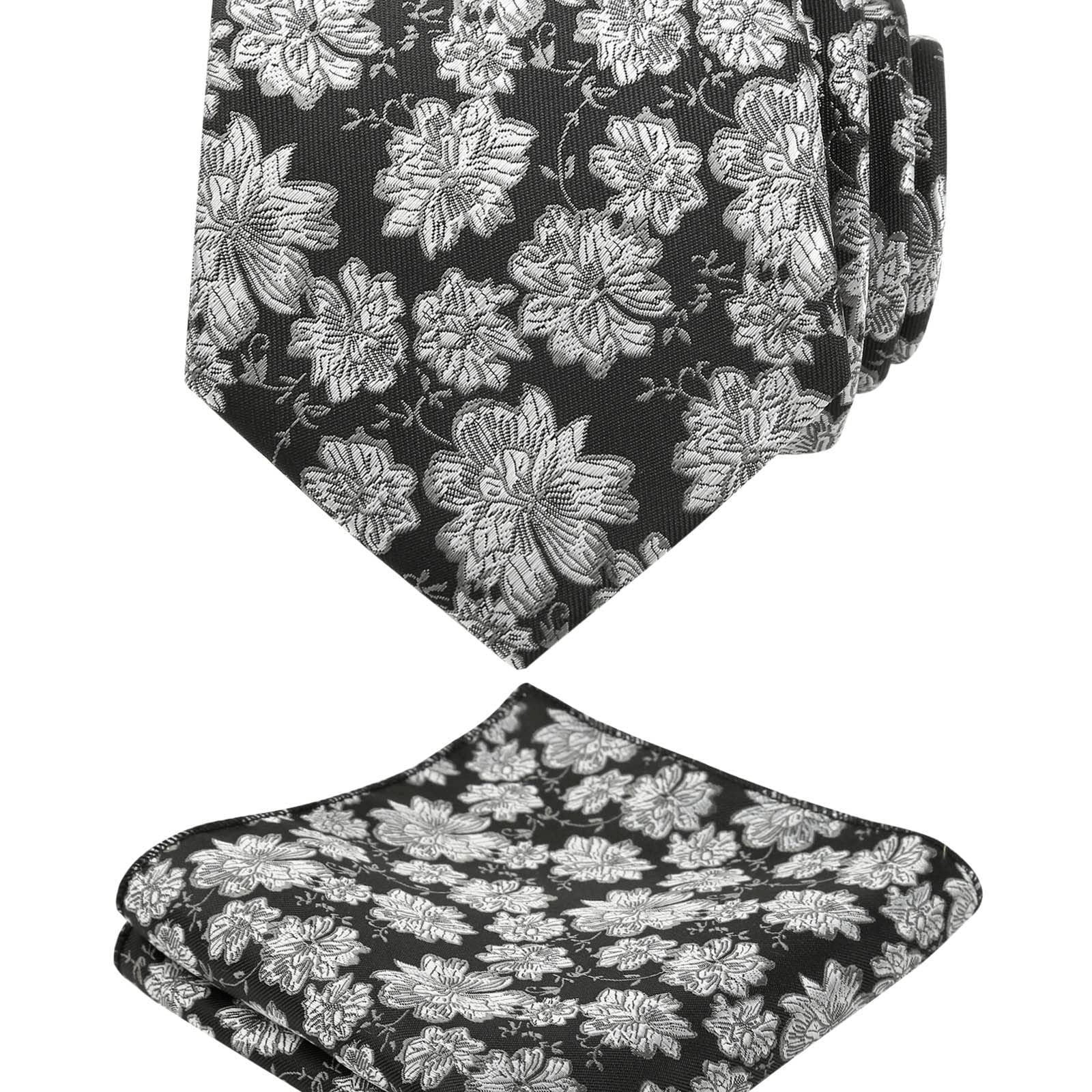 Men's 3.15inches Rose Flower Pattern Tie with Floral Printed Pocket Square Set, 145