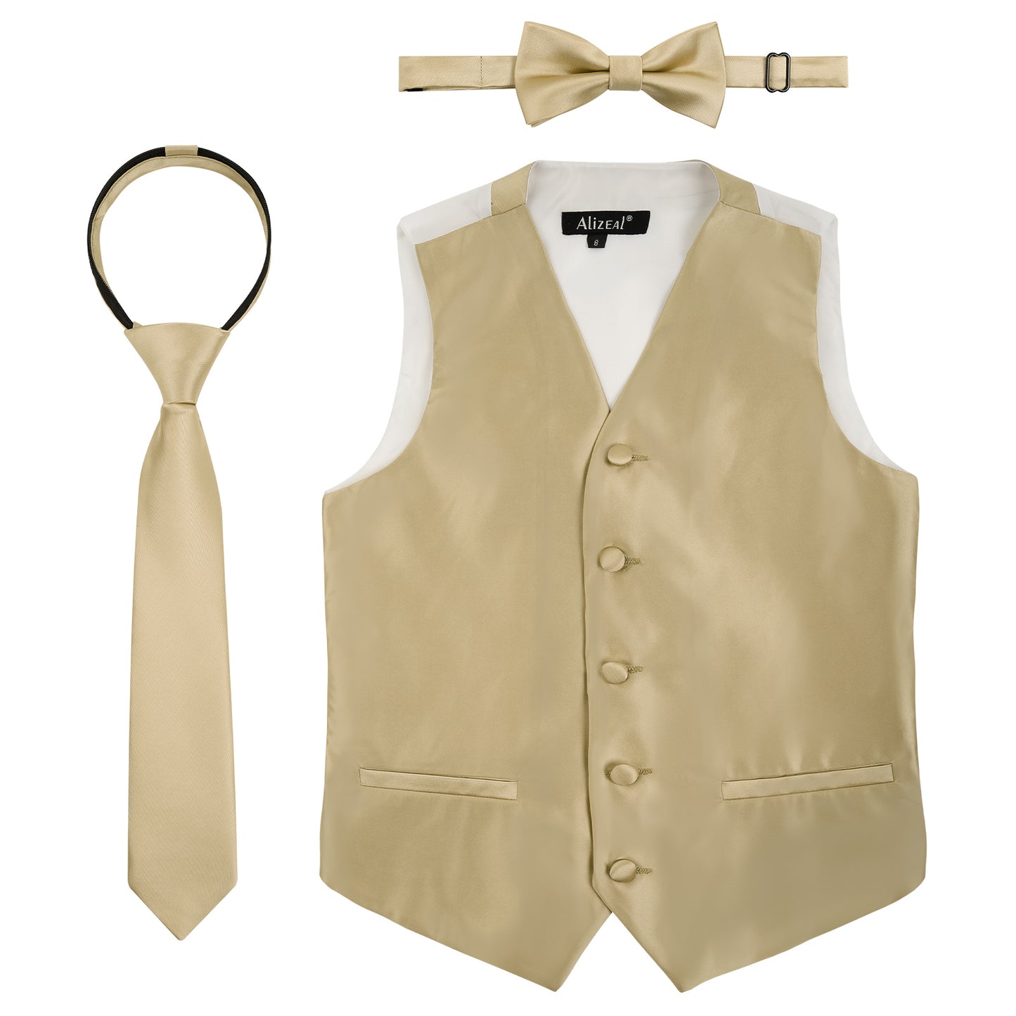 Boy's Classic Solid Bow Tie, Necktie and Suit Vest Set, 078-Champagne