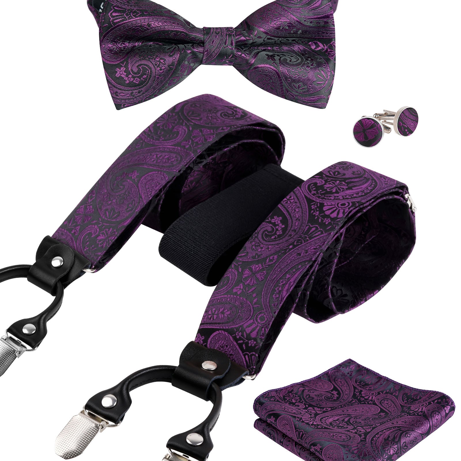 Mens Paisley Suspender, Pre-tied Bow Tie, Hanky, Cufflinks Set- BD071