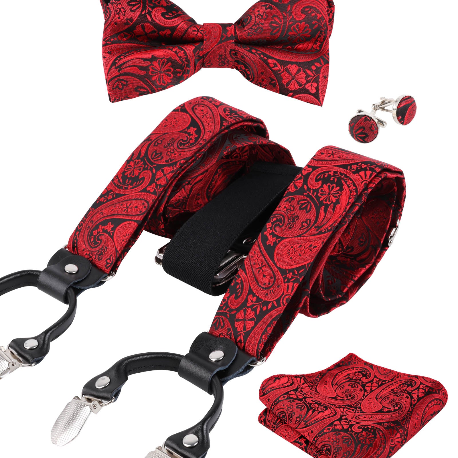 Mens Paisley Suspender, Pre-tied Bow Tie, Hanky, Cufflinks Set- BD071