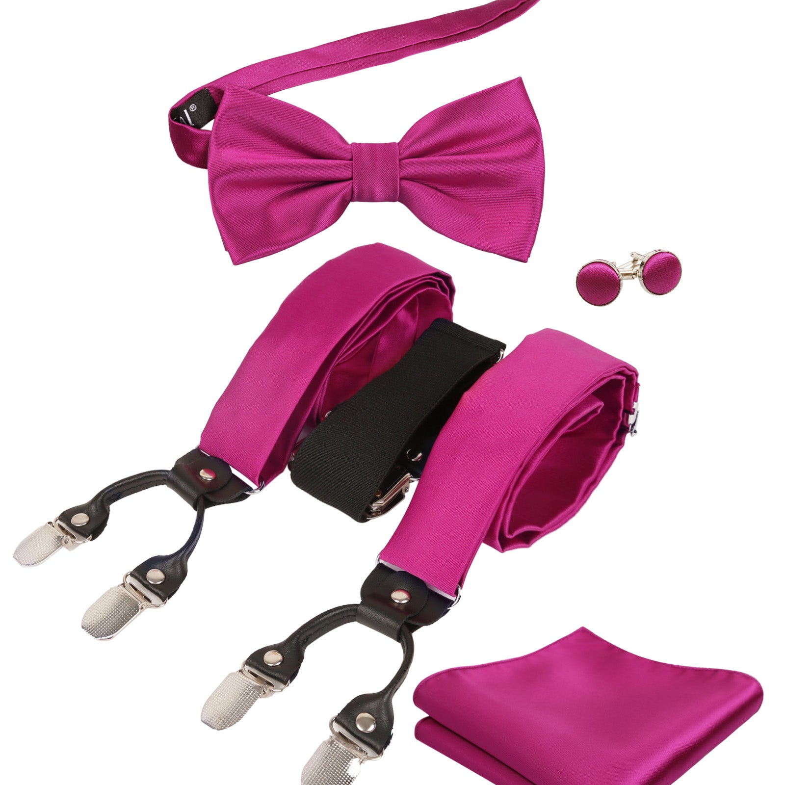 Mens Solid Color 6 Clips Suspender and Bowtie, Hanky, Cufflinks Set-BD072