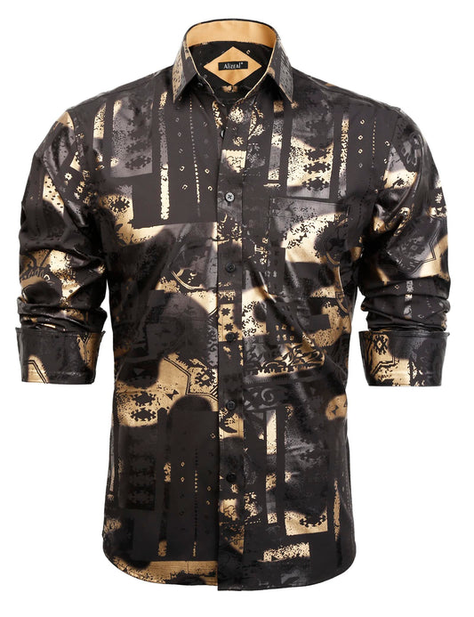 Alizeal Men's Lapel Bronzing Shirt Casual Slim Fit Shiny Pattern Button-Down Long Sleeve Shirt, 009-Baroque