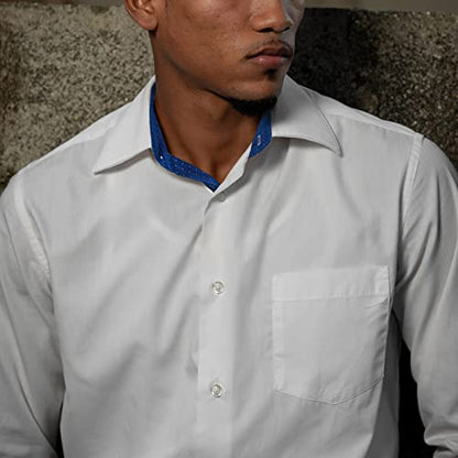 Men's Long Sleeve Dress Shirts Polka Dot Patchwork Button Down Formal Shirts, 116-White+Royal Blue Dots