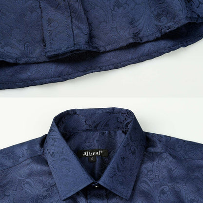 Men's Paisley Jacquard Dress Shirt Classic Slim Fit Button-Down Long Sleeve Shirt, 113-Dark Navy