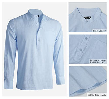 Men's Henley Shirt Long Sleeve Cotton Viscose Solid Button-Down Casual Beach Shirt with Pocket, 102-Light Blue