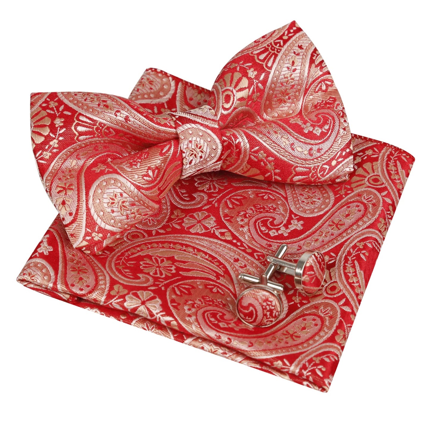 Alizeal Men's Classic Paisley Bow Tie, Hanky and Cufflinks Set, 028