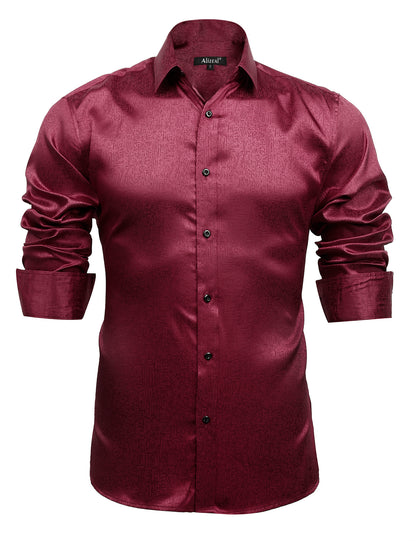 Alizeal Men's Shiny Satin Button Down Shirt Long Sleeve , 008-Wine Red