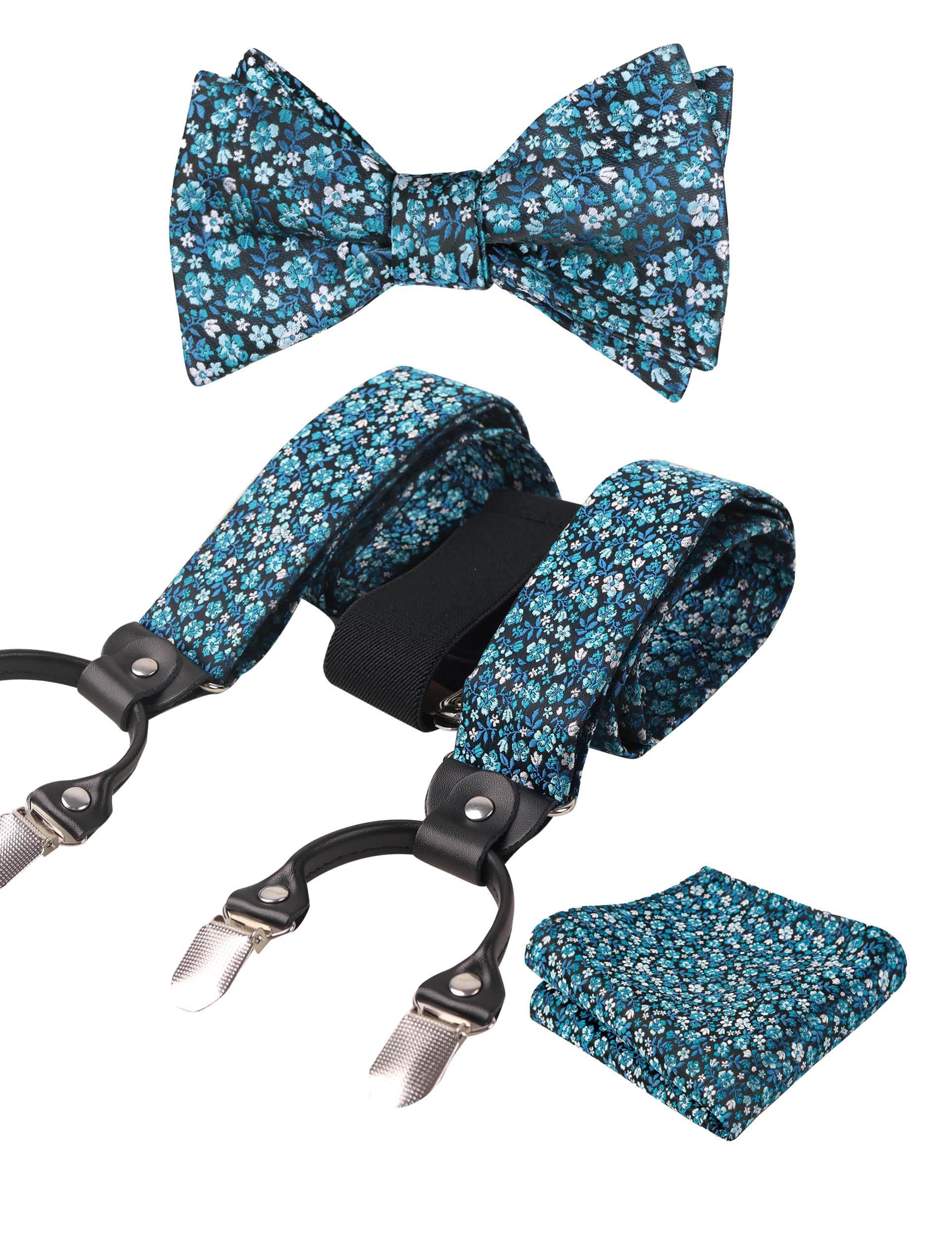Small Floral Print Self-tied Bow Tie, Hanky, Suspender Set-BD073