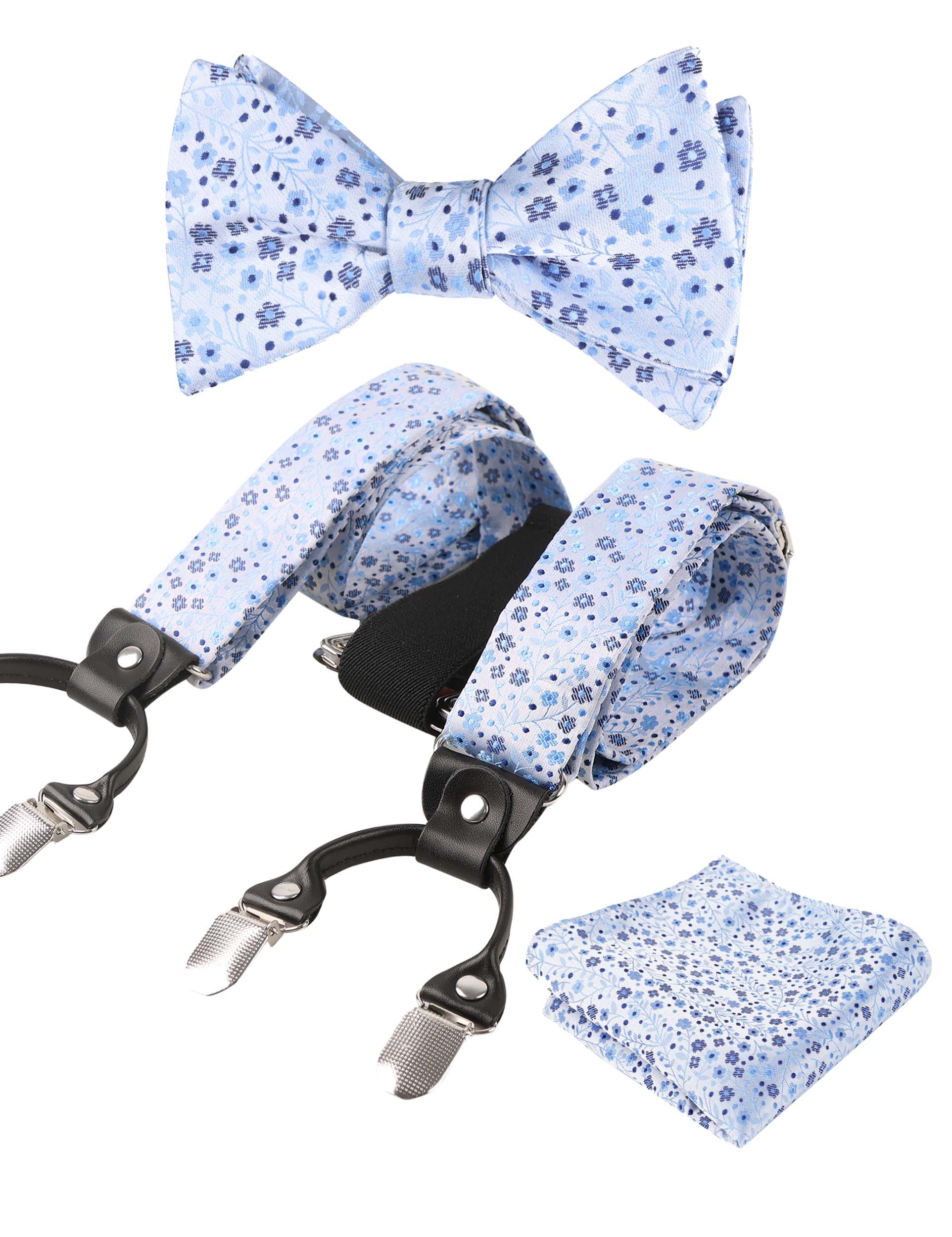 Small Floral Print Self-tied Bow Tie, Hanky, Suspender Set-BD073