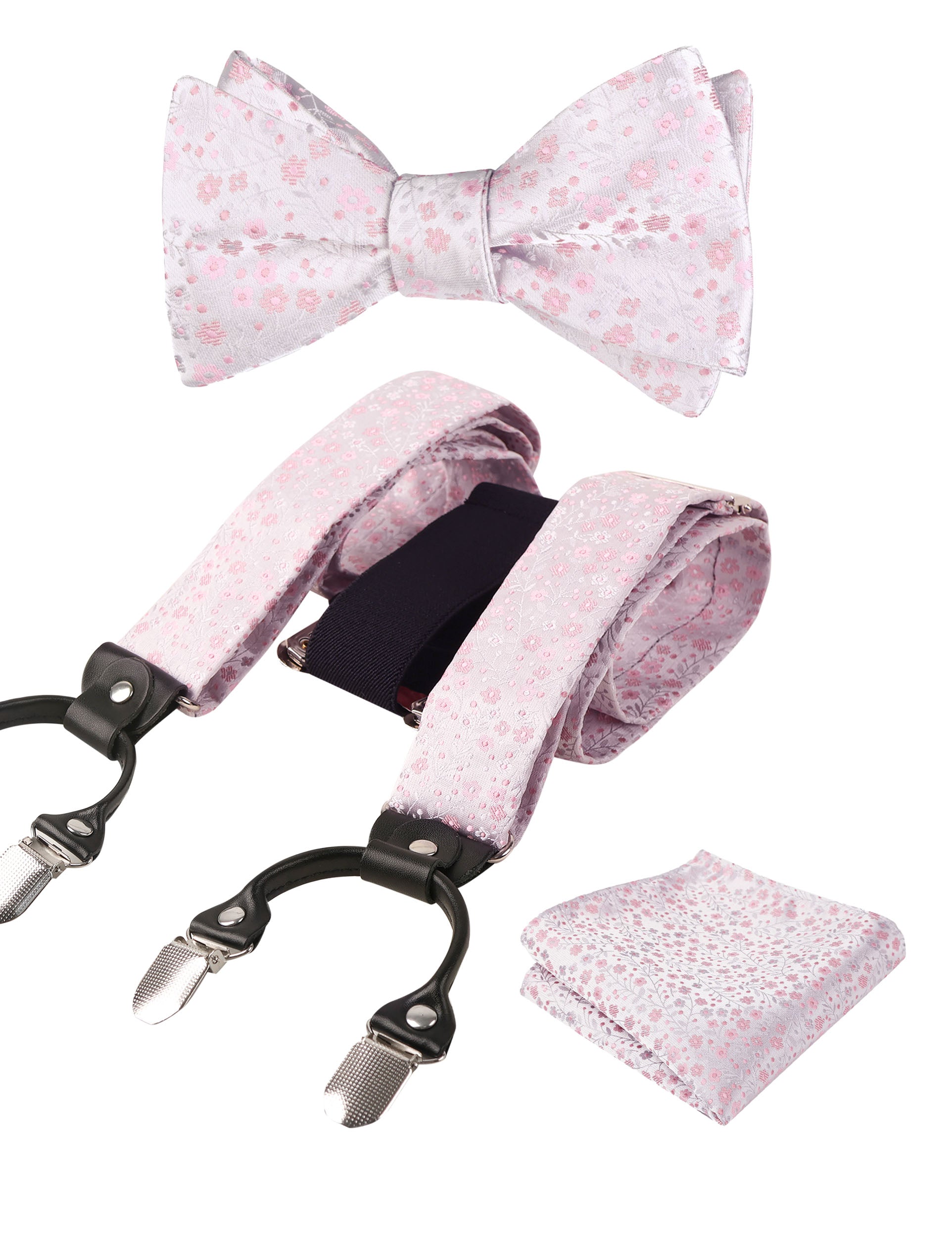 Small Floral Print Self-tied Bow Tie, Hanky, Suspender Set-BD073