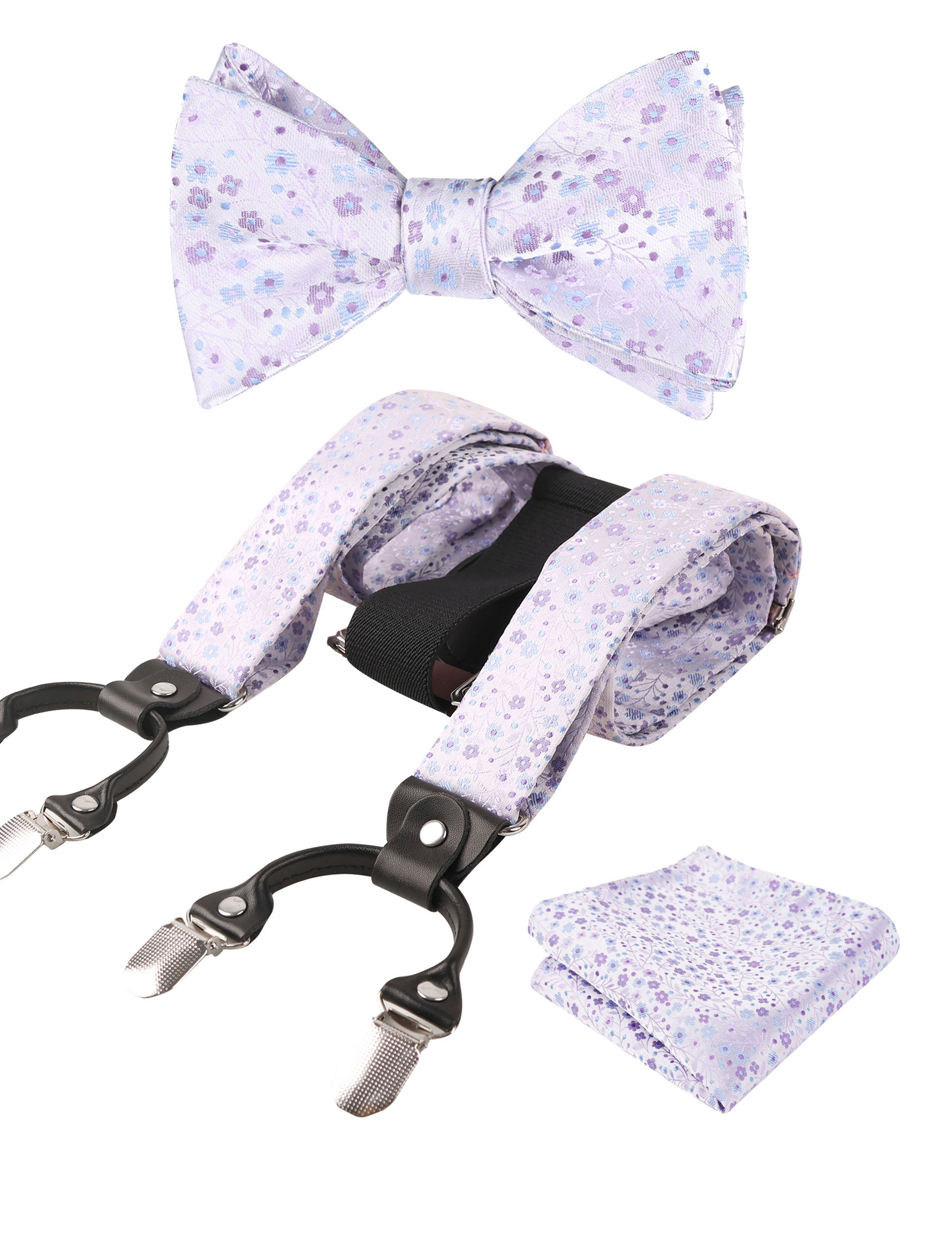 Small Floral Print Self-tied Bow Tie, Hanky, Suspender Set-BD073