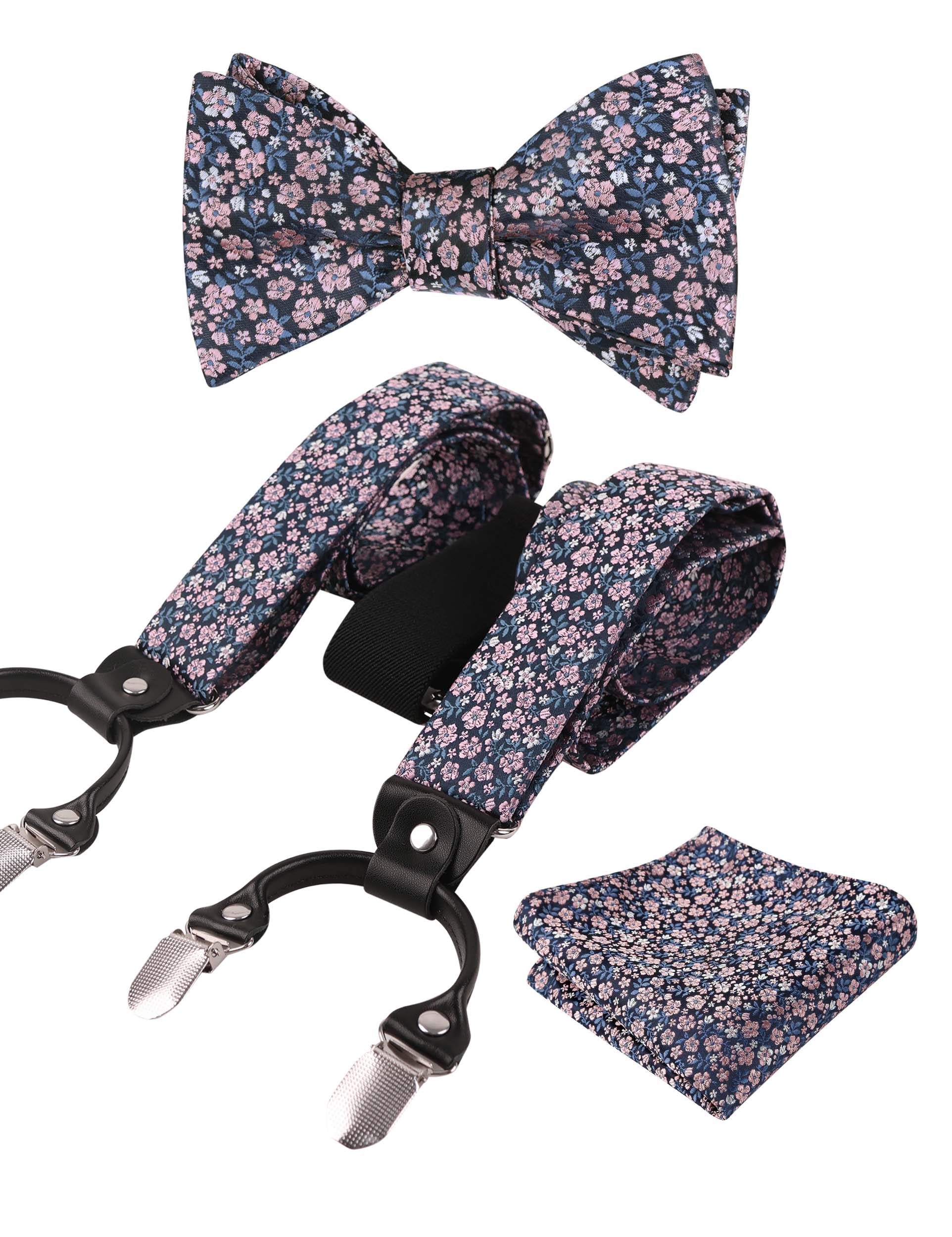 Small Floral Print Self-tied Bow Tie, Hanky, Suspender Set-BD073