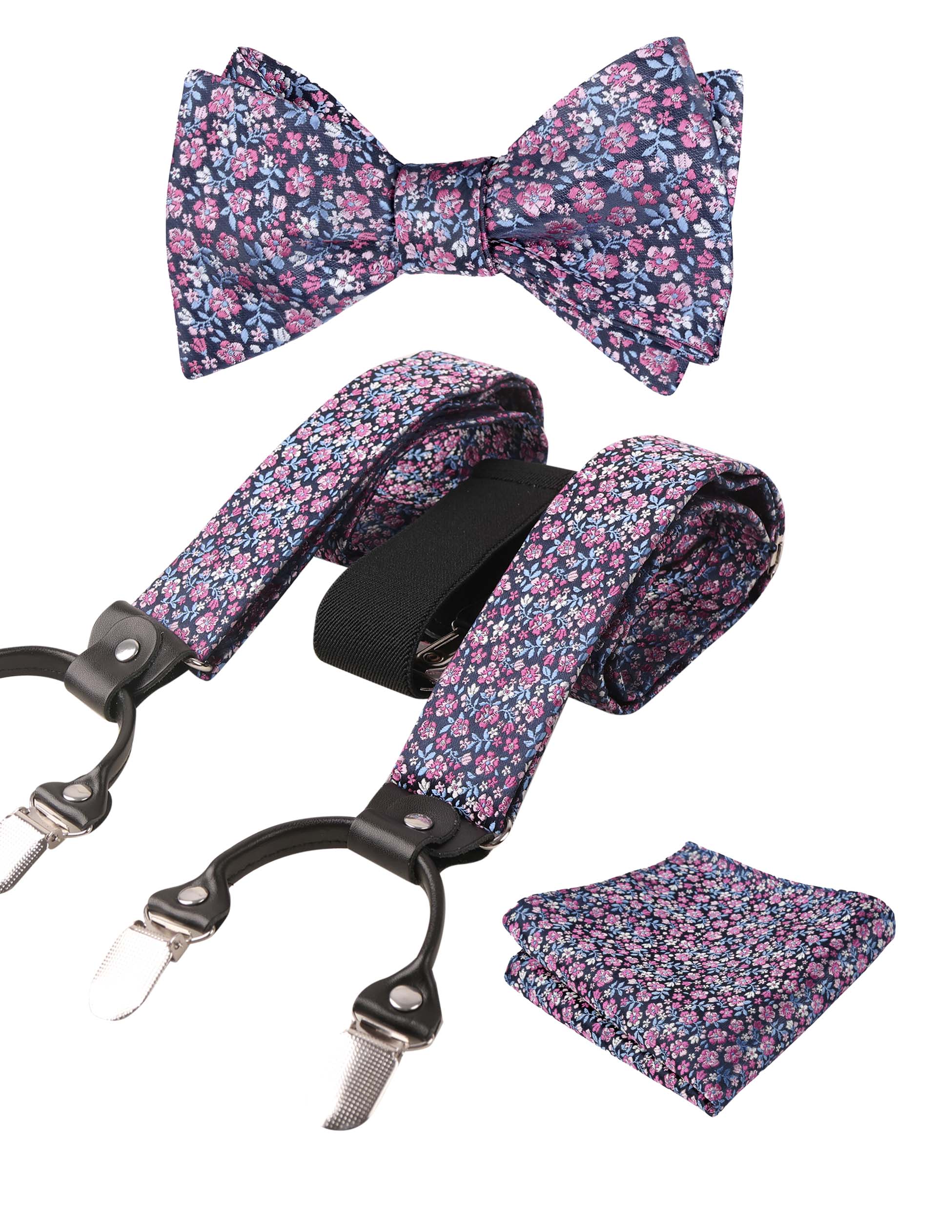 Small Floral Print Self-tied Bow Tie, Hanky, Suspender Set-BD073