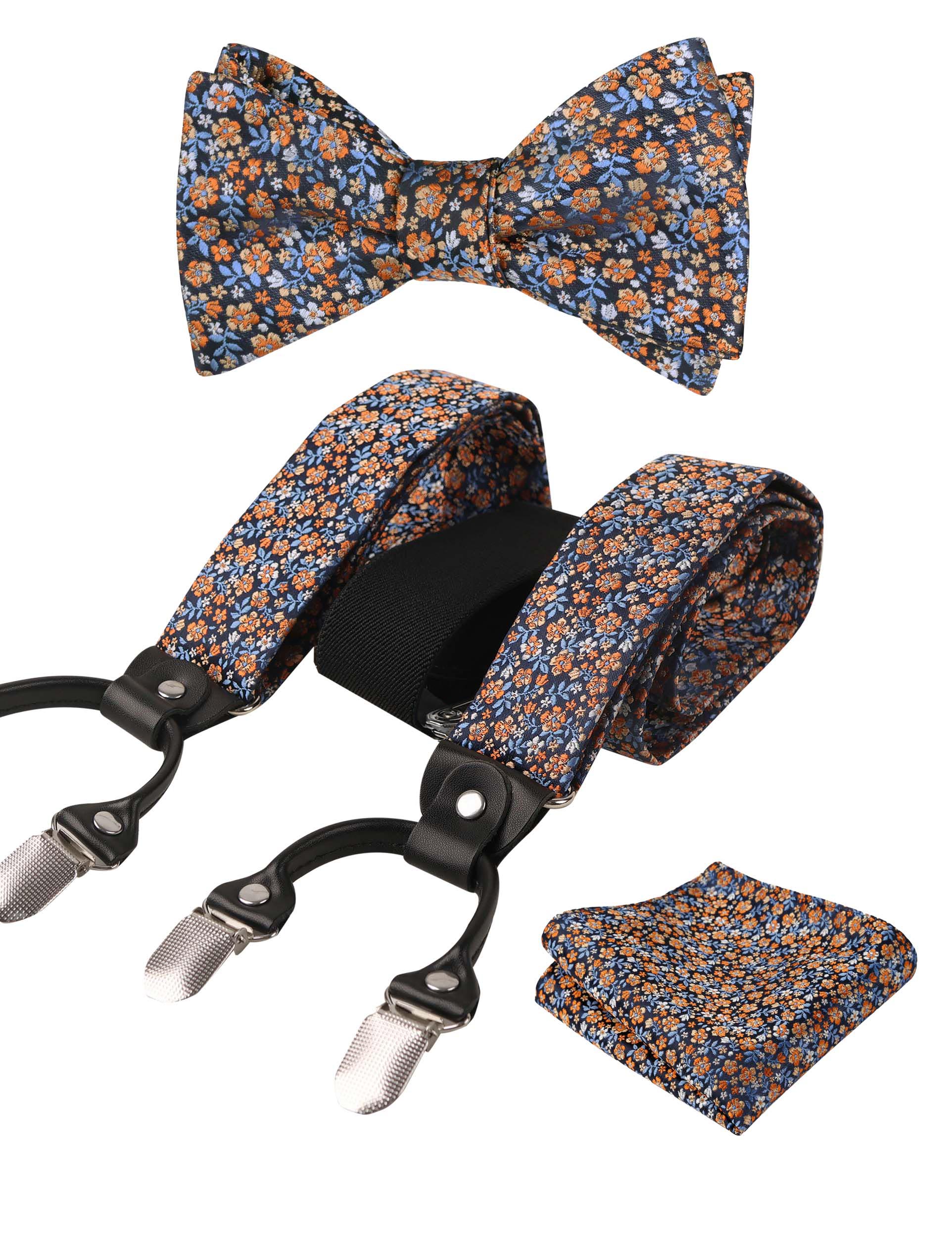 Small Floral Print Self-tied Bow Tie, Hanky, Suspender Set-BD073