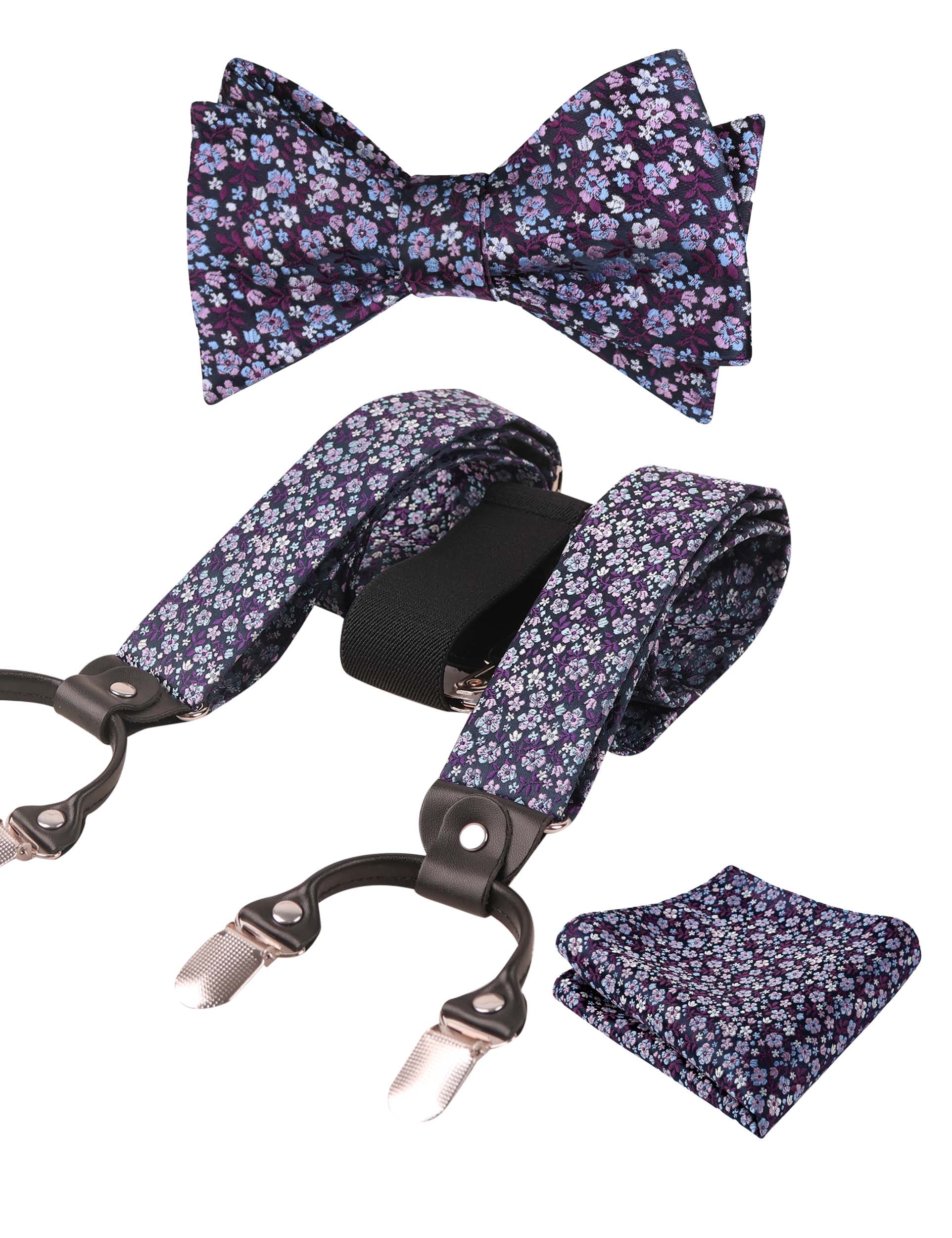 Small Floral Print Self-tied Bow Tie, Hanky, Suspender Set-BD073