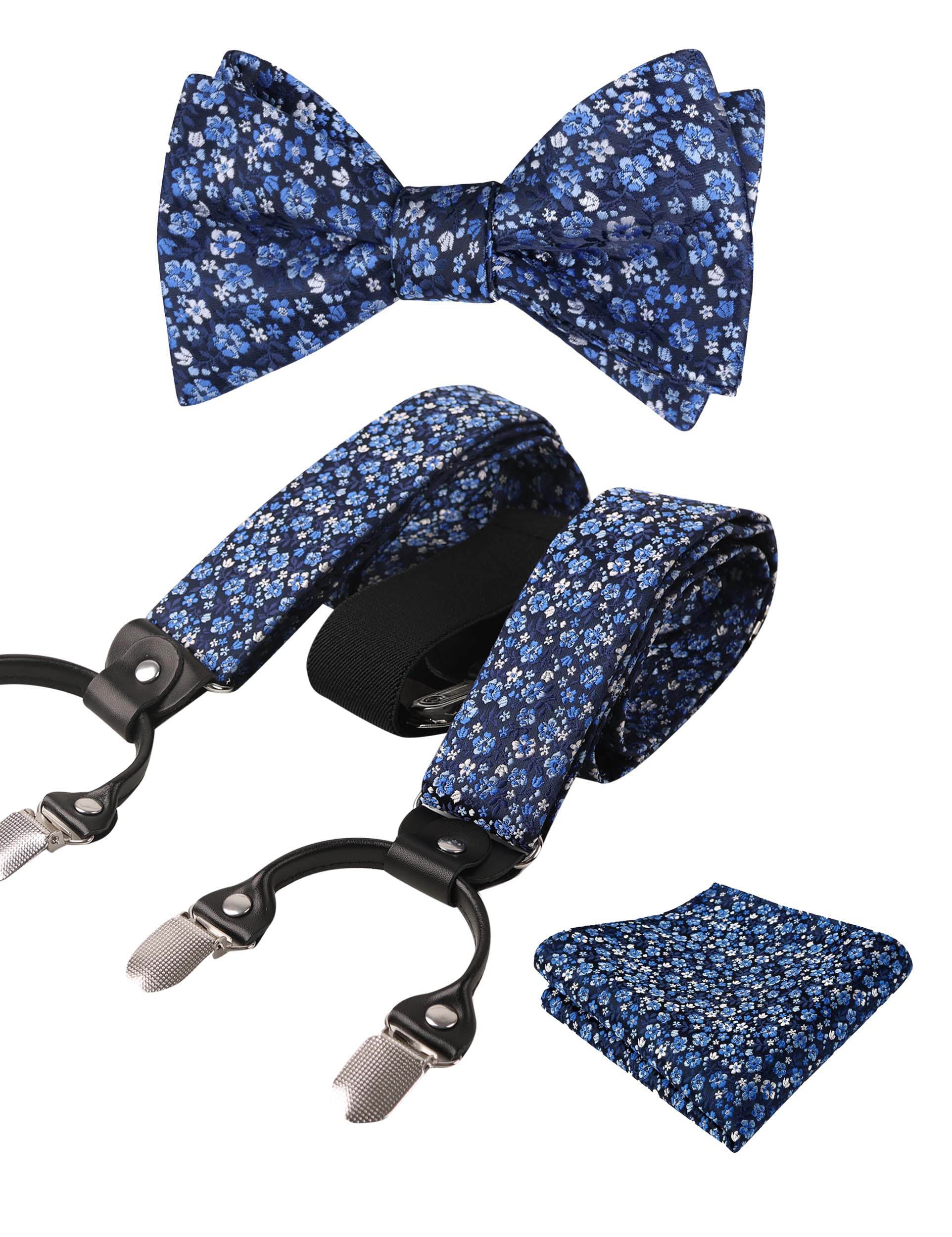 Small Floral Print Self-tied Bow Tie, Hanky, Suspender Set-BD073