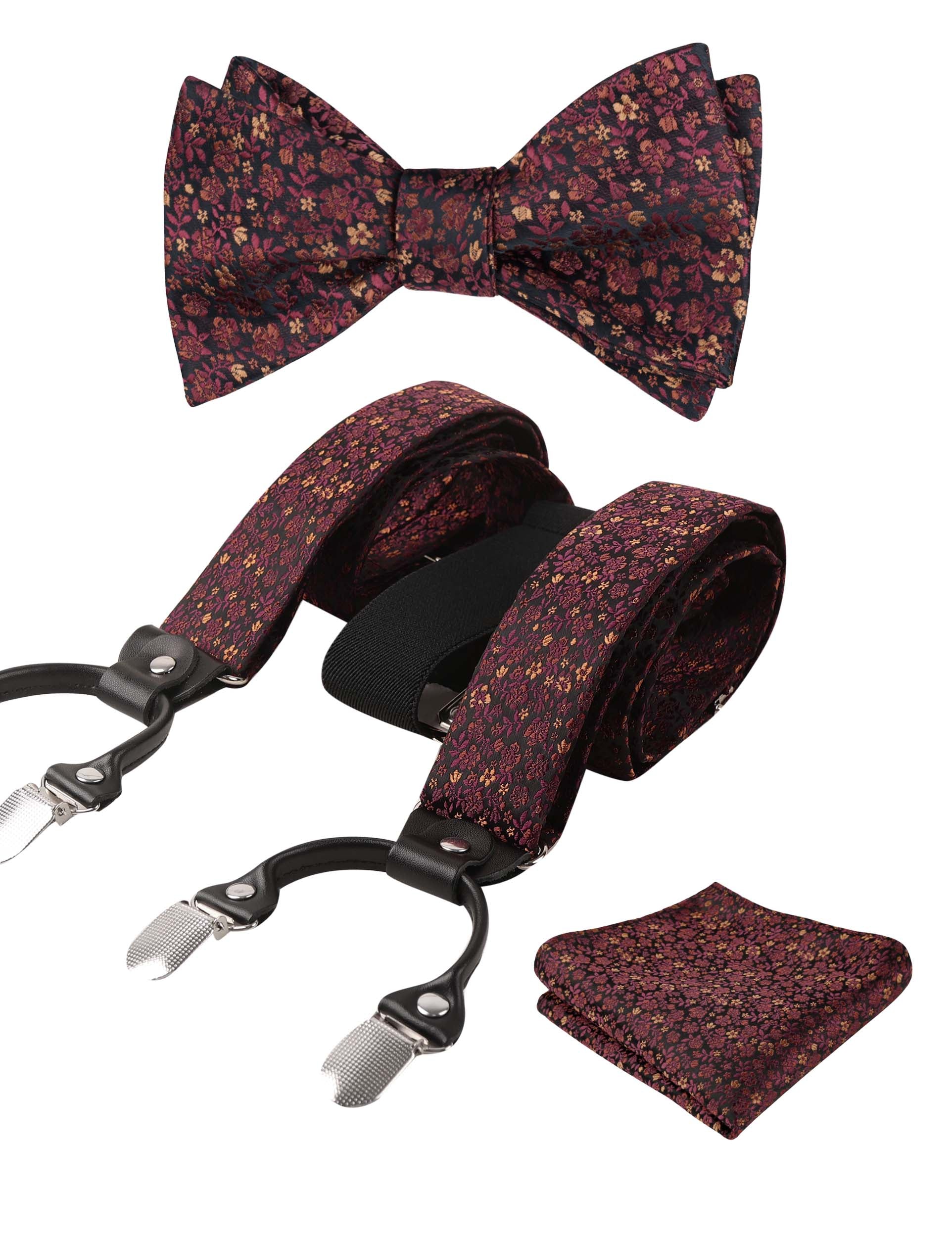 Small Floral Print Self-tied Bow Tie, Hanky, Suspender Set-BD073