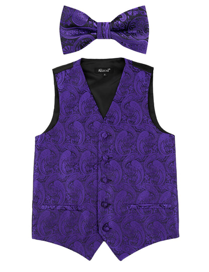 Boy's Paisley Jacquard Pre-Tied Bow Tie with Classic Floral Dress Suit Vest Set, 077-Dark Purple