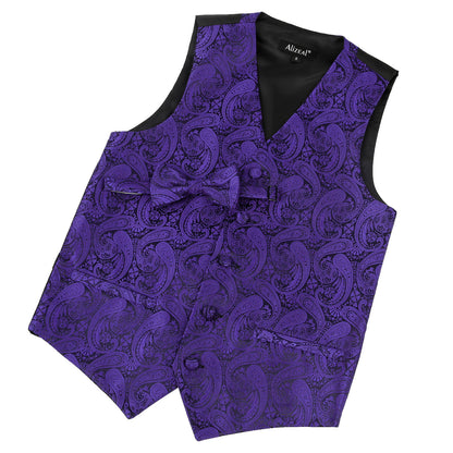 Boy's Paisley Jacquard Pre-Tied Bow Tie with Classic Floral Dress Suit Vest Set, 077-Dark Purple