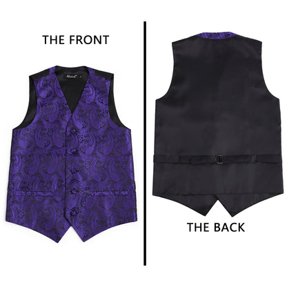 Boy's Paisley Jacquard Pre-Tied Bow Tie with Classic Floral Dress Suit Vest Set, 077-Dark Purple