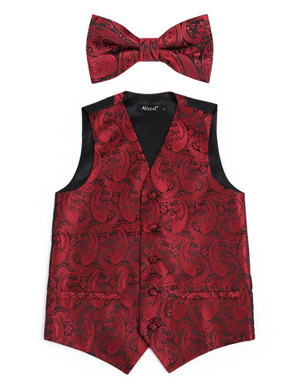 Boy's Paisley Jacquard Pre-Tied Bow Tie with Classic Floral Dress Suit Vest Set, 077-Wine Red