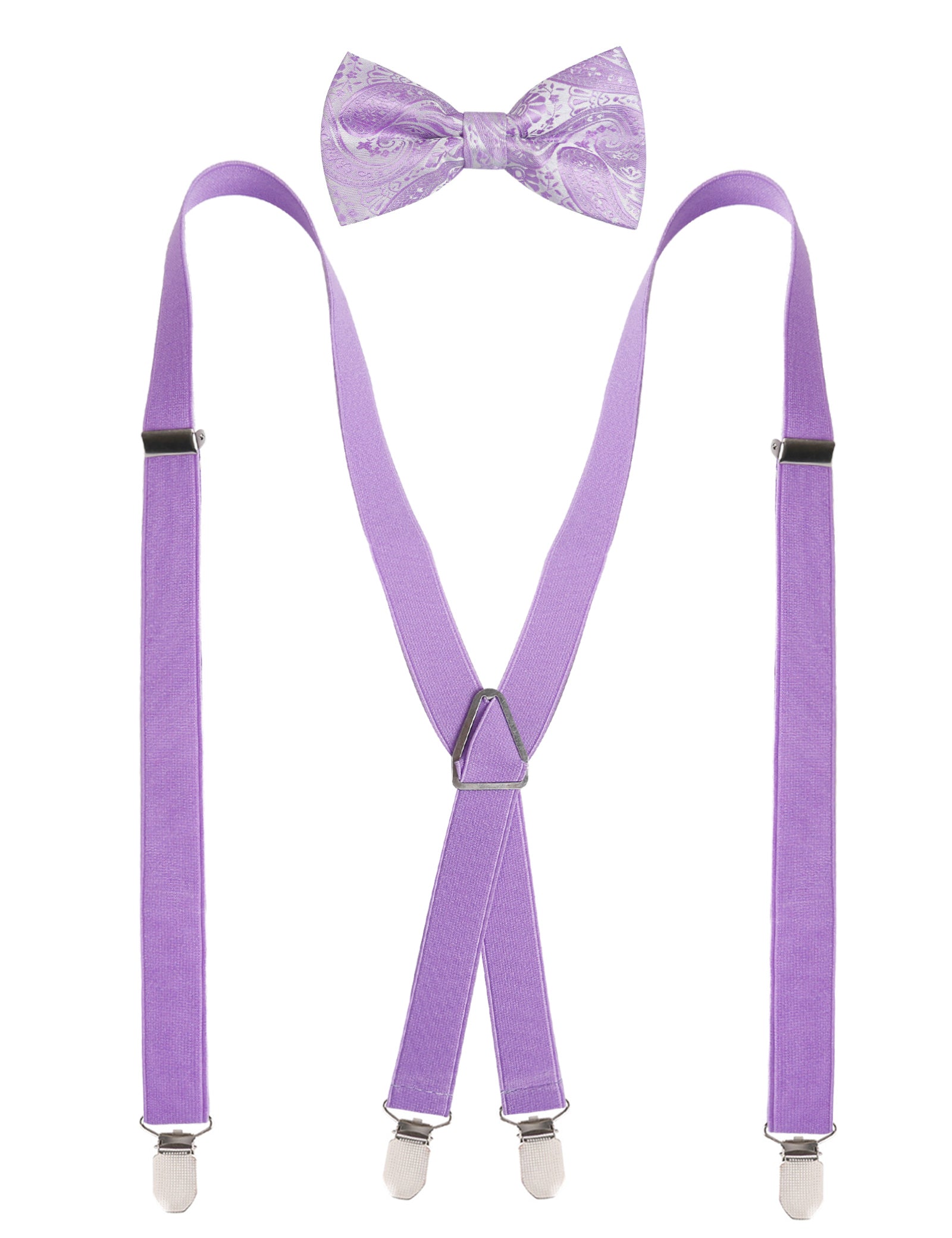 Men's 4 Clips X-Back Solid Suspenders Pre Tied Bow Tie Set Elastic Adjustable Braces-078