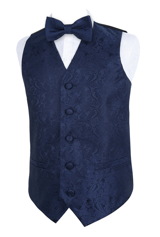 Boy's Floral Jacquard Wedding Pre-Tied Bow Tie and Suit Vest Set, 079-Dark Navy