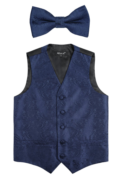 Boy's Floral Jacquard Wedding Pre-Tied Bow Tie and Suit Vest Set, 079-Dark Navy