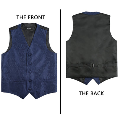 Boy's Floral Jacquard Wedding Pre-Tied Bow Tie and Suit Vest Set, 079-Dark Navy