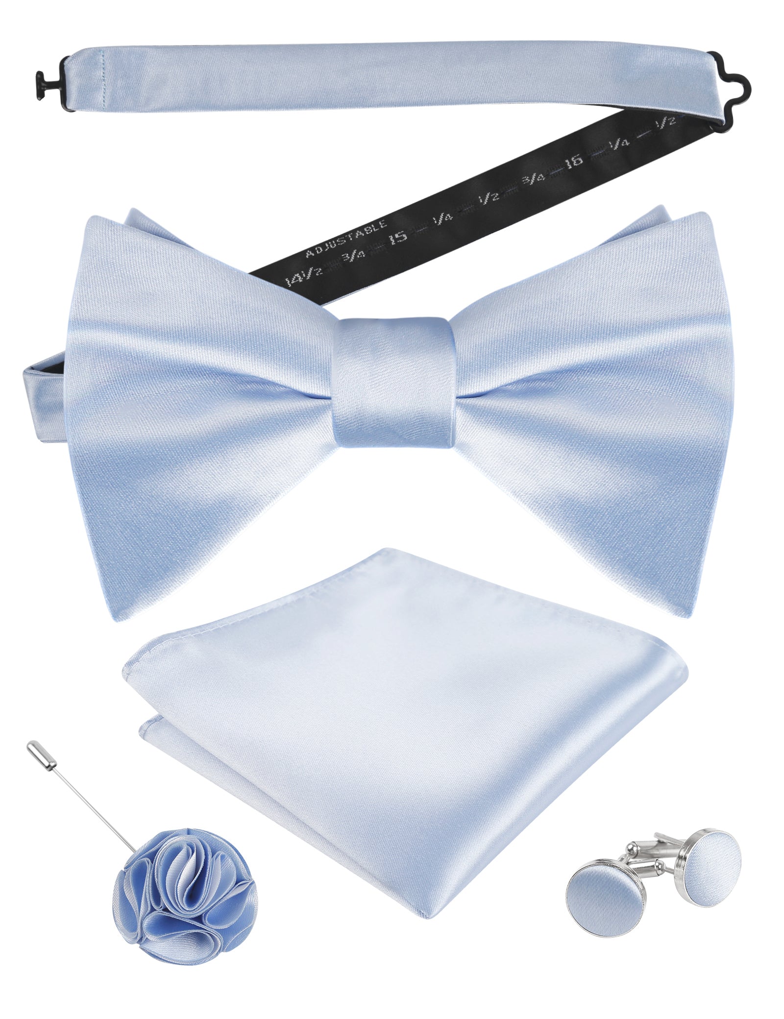 Mens 4pcs Formal Solid Pre-tied Bow Tie, Pocket Square, Cufflinks and Boutonniere Set-093