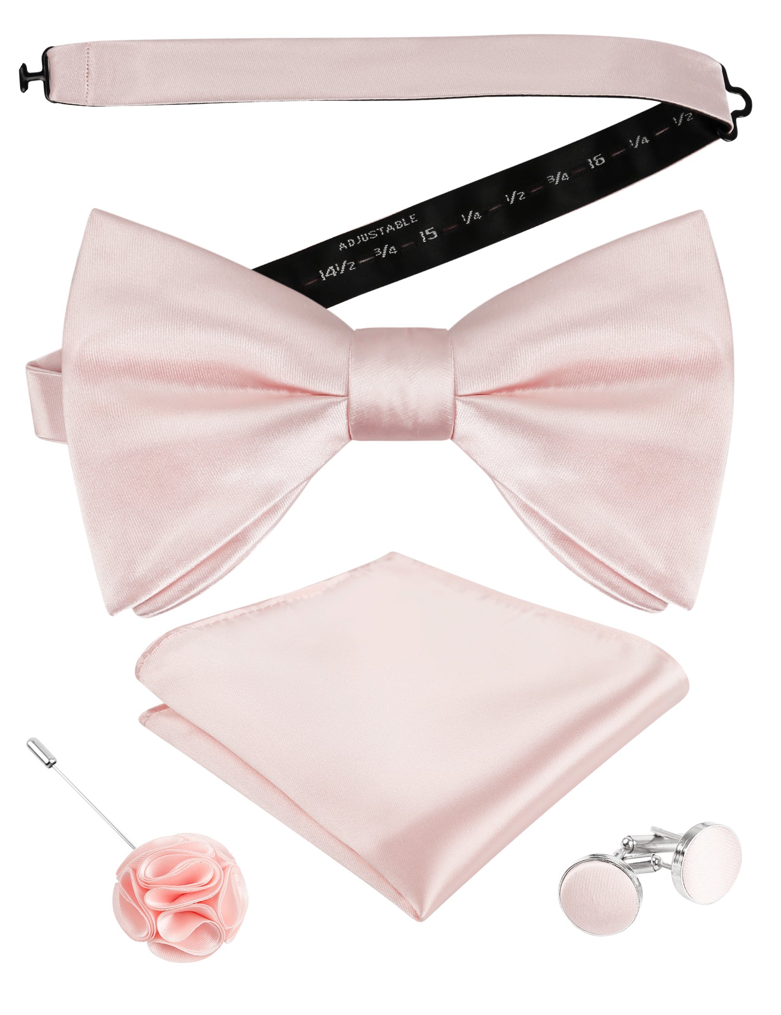 Mens 4pcs Formal Solid Pre-tied Bow Tie, Pocket Square, Cufflinks and Boutonniere Set-093