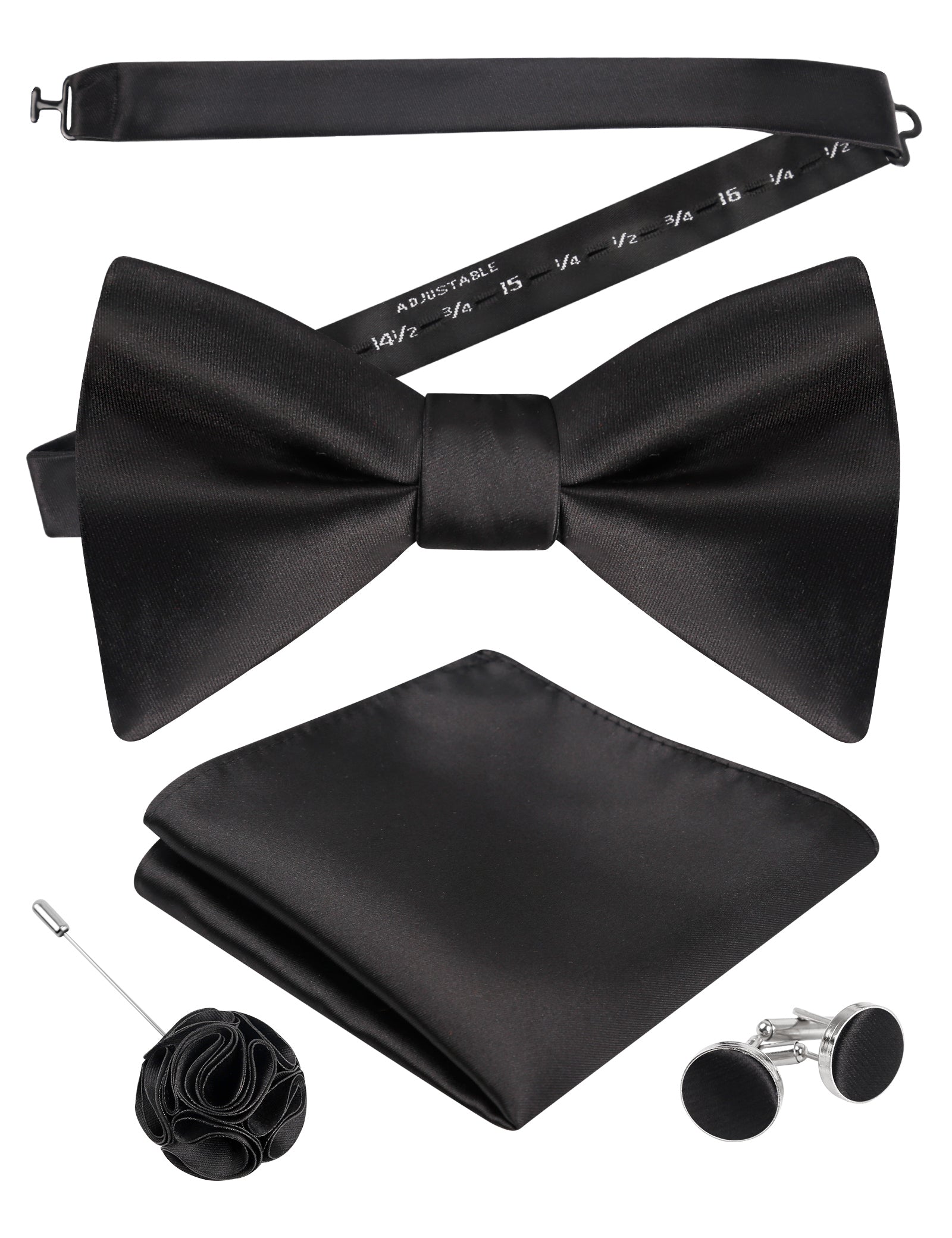 Mens 4pcs Formal Solid Pre-tied Bow Tie, Pocket Square, Cufflinks and Boutonniere Set-093
