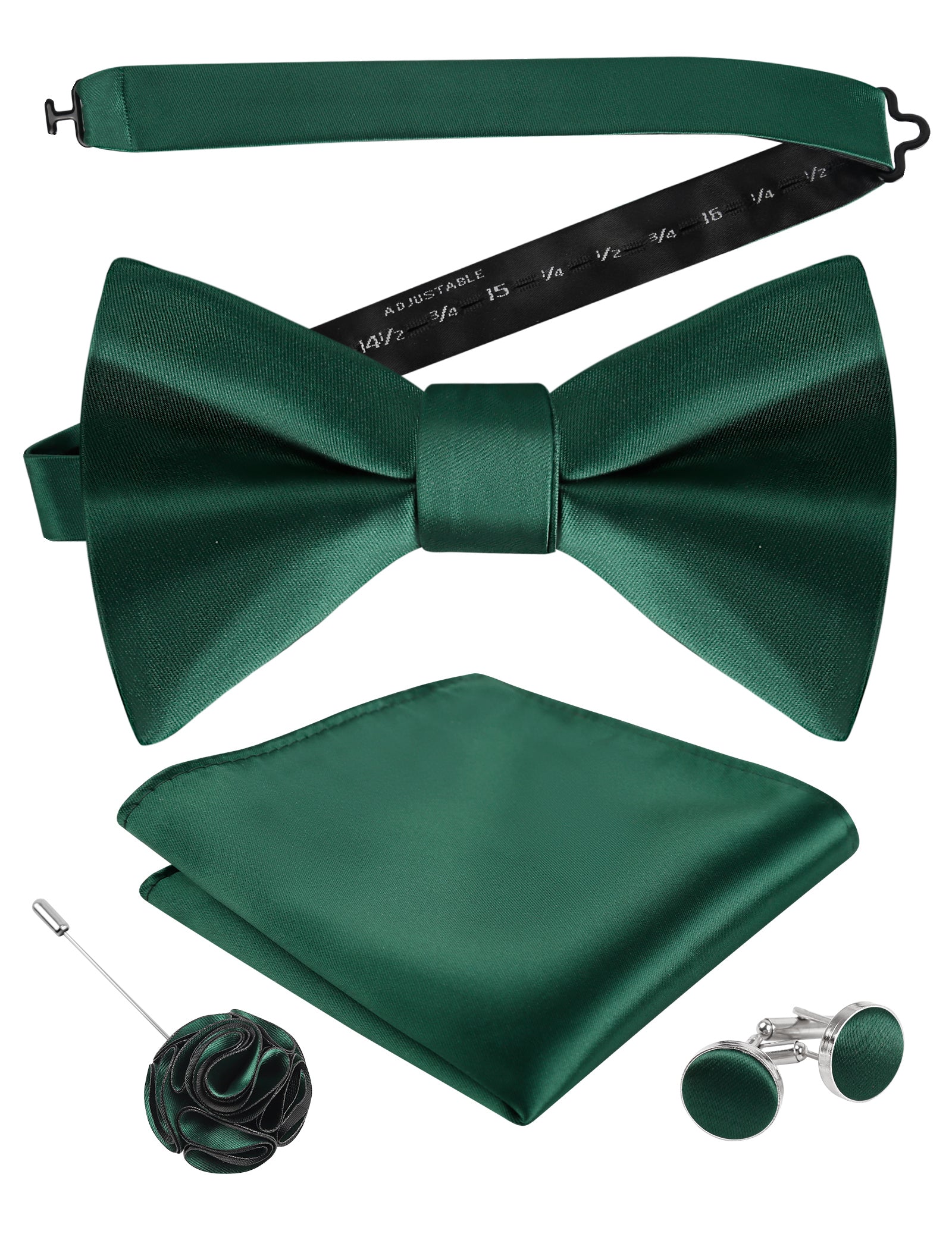 Mens 4pcs Formal Solid Pre-tied Bow Tie, Pocket Square, Cufflinks and Boutonniere Set-093
