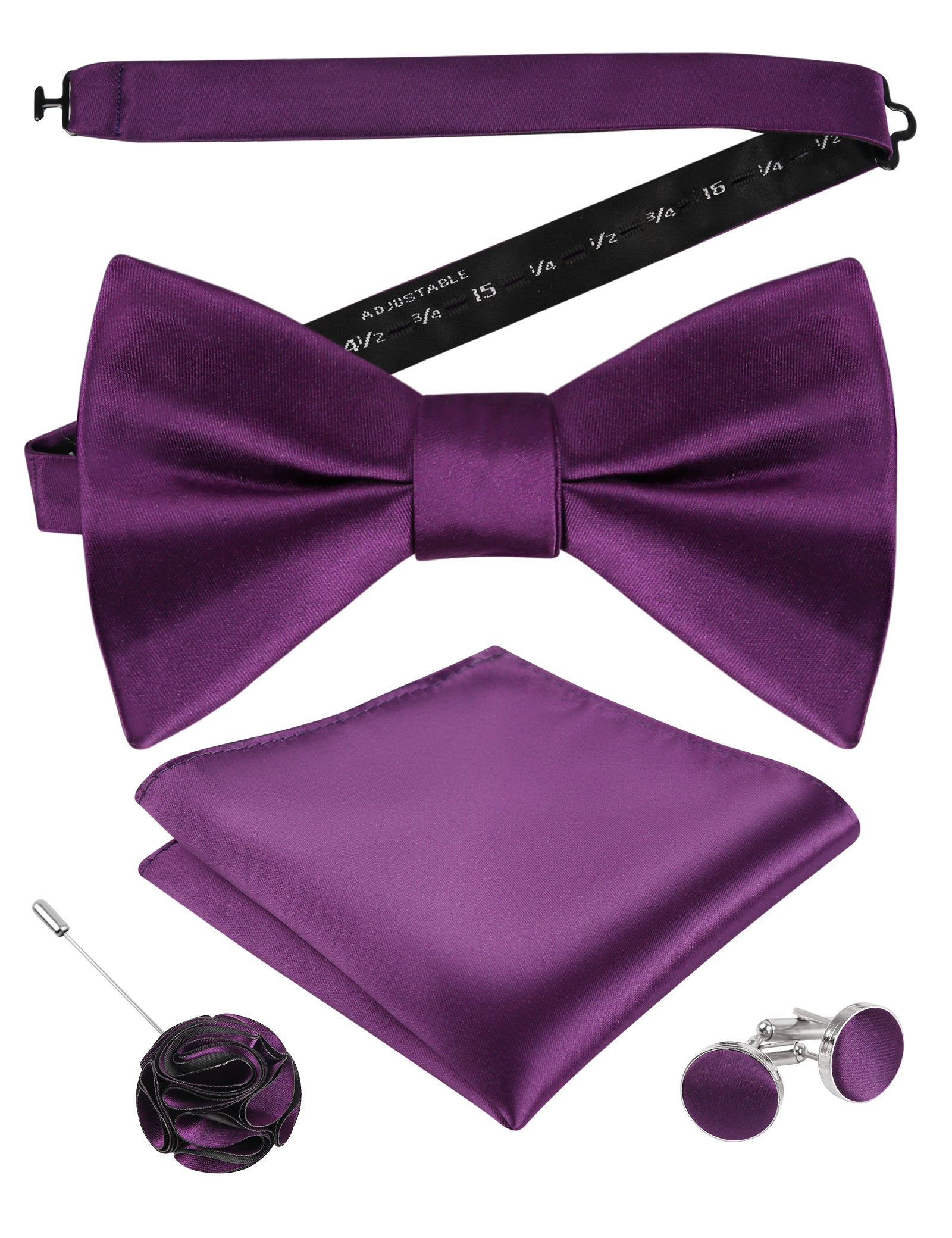Mens 4pcs Formal Solid Pre-tied Bow Tie, Pocket Square, Cufflinks and Boutonniere Set-093