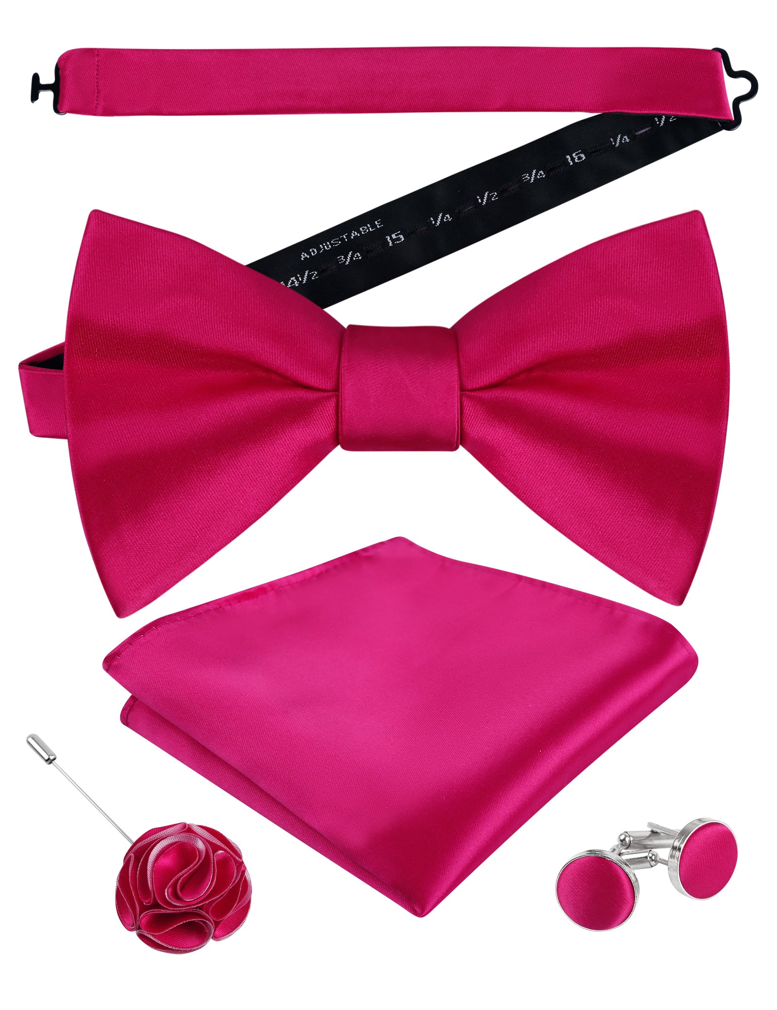 Mens 4pcs Formal Solid Pre-tied Bow Tie, Pocket Square, Cufflinks and Boutonniere Set-093