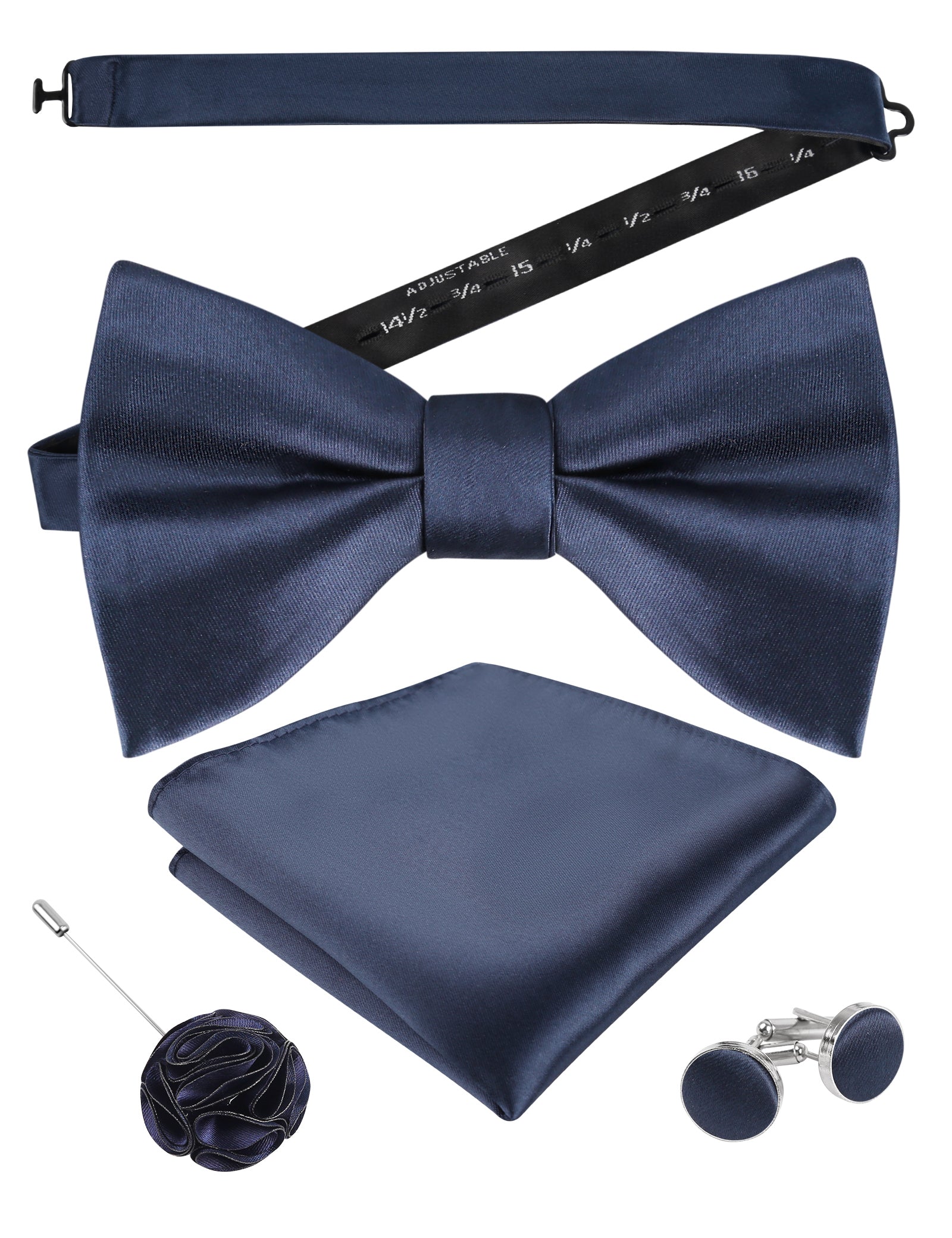Mens 4pcs Formal Solid Pre-tied Bow Tie, Pocket Square, Cufflinks and Boutonniere Set-093
