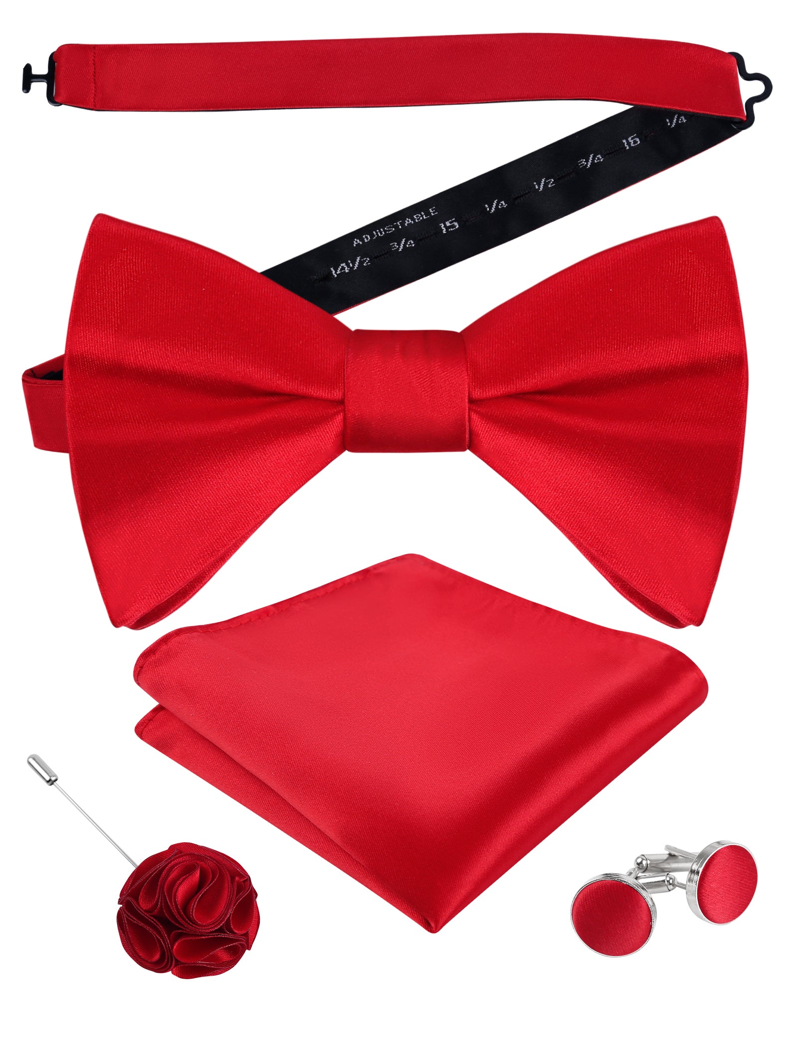 Mens 4pcs Formal Solid Pre-tied Bow Tie, Pocket Square, Cufflinks and Boutonniere Set-093
