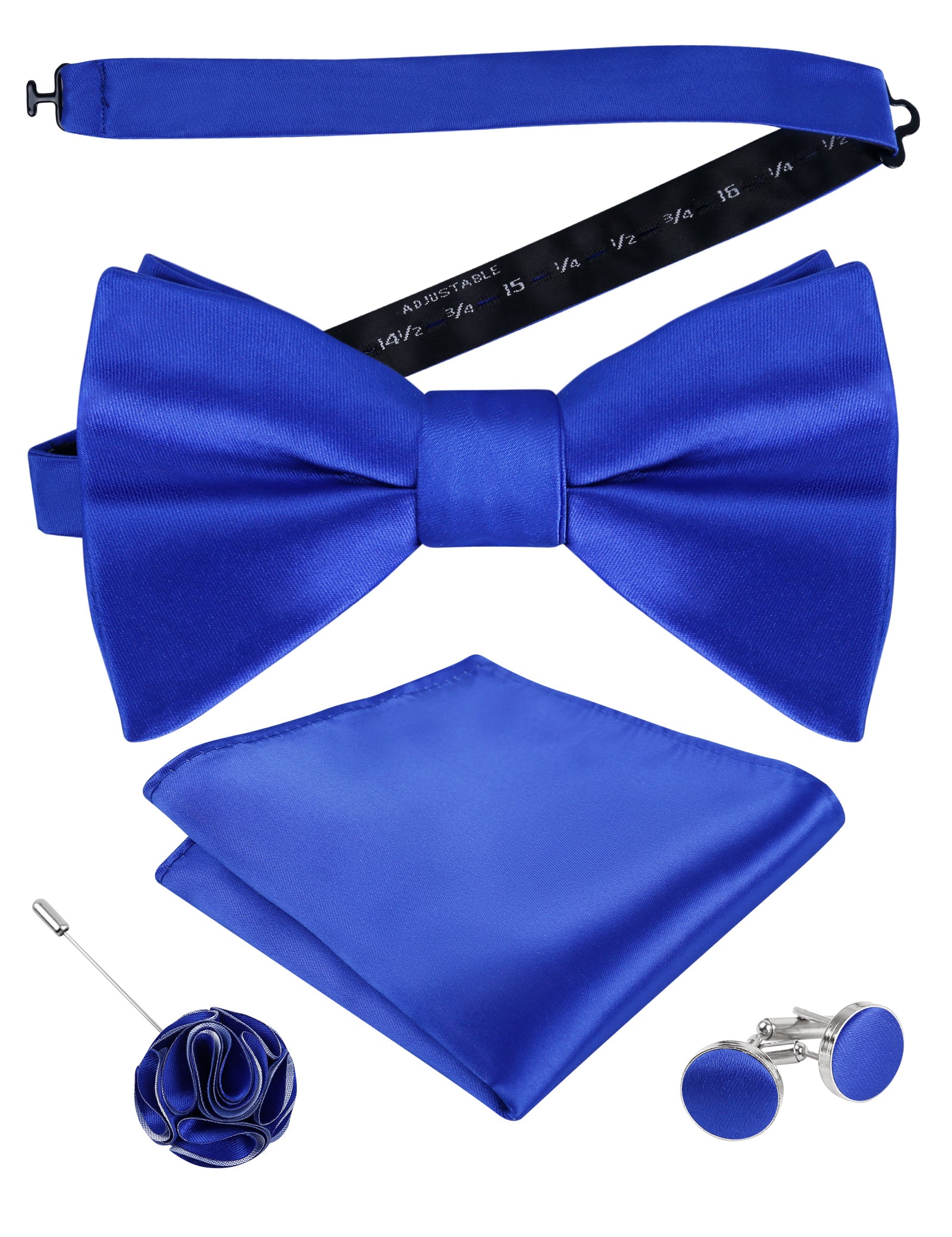 Mens 4pcs Formal Solid Pre-tied Bow Tie, Pocket Square, Cufflinks and Boutonniere Set-093