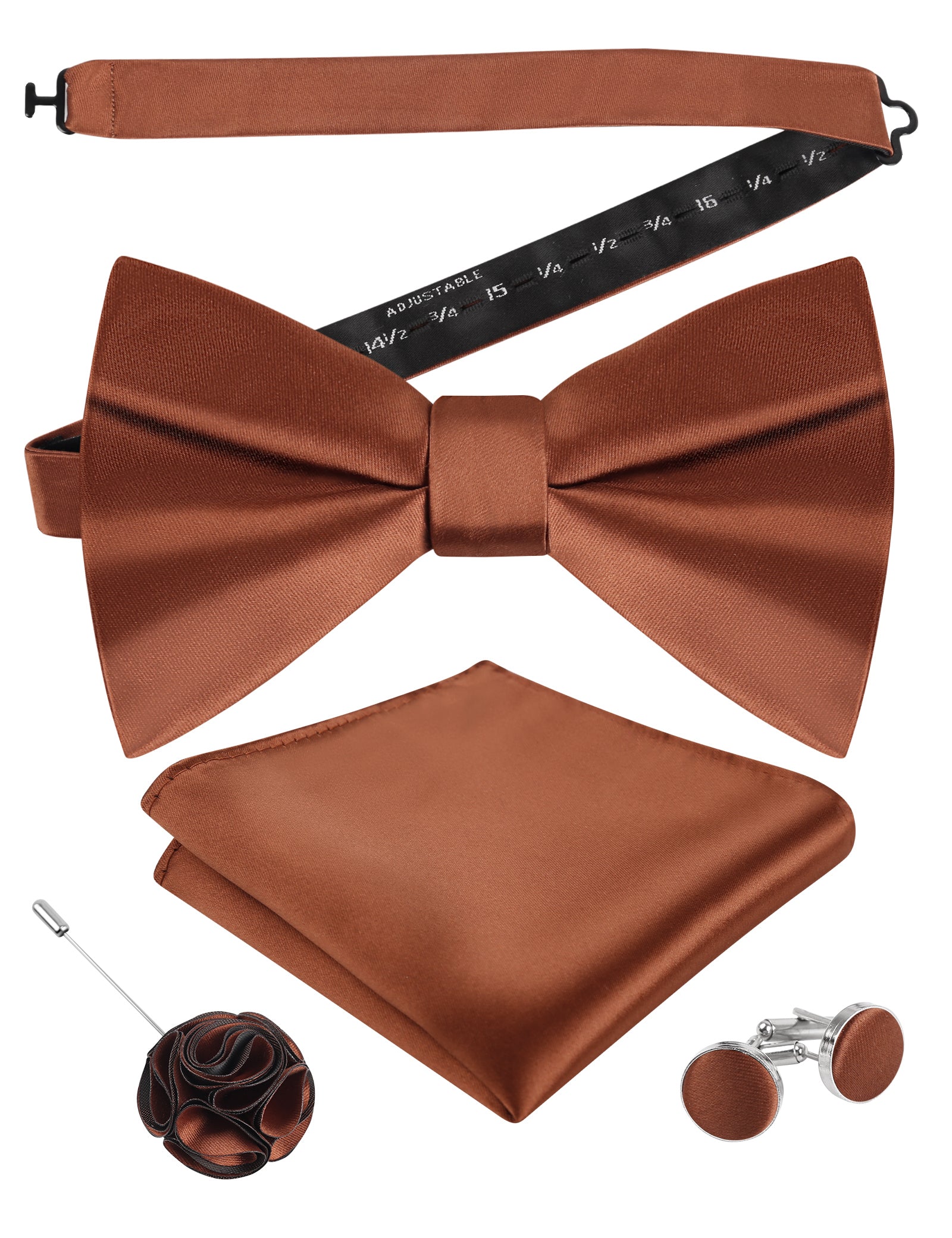 Mens 4pcs Formal Solid Pre-tied Bow Tie, Pocket Square, Cufflinks and Boutonniere Set-093