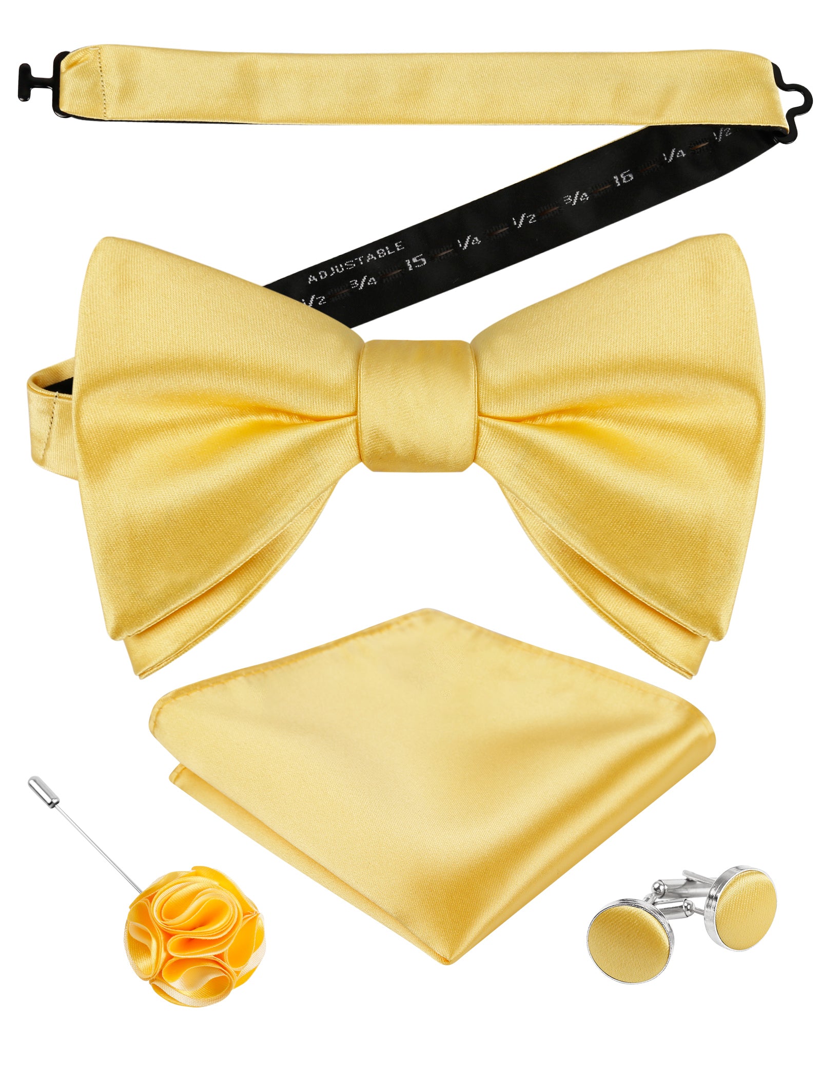 Mens 4pcs Formal Solid Pre-tied Bow Tie, Pocket Square, Cufflinks and Boutonniere Set-093