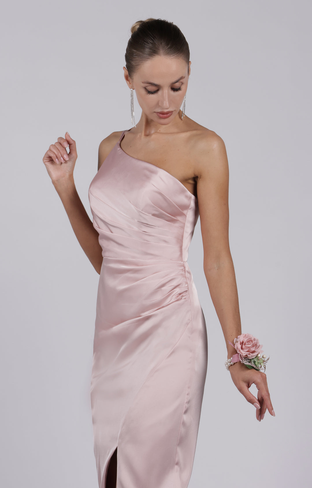 One Shoulder Spaghetti Straps Front Split Pleated Sheath