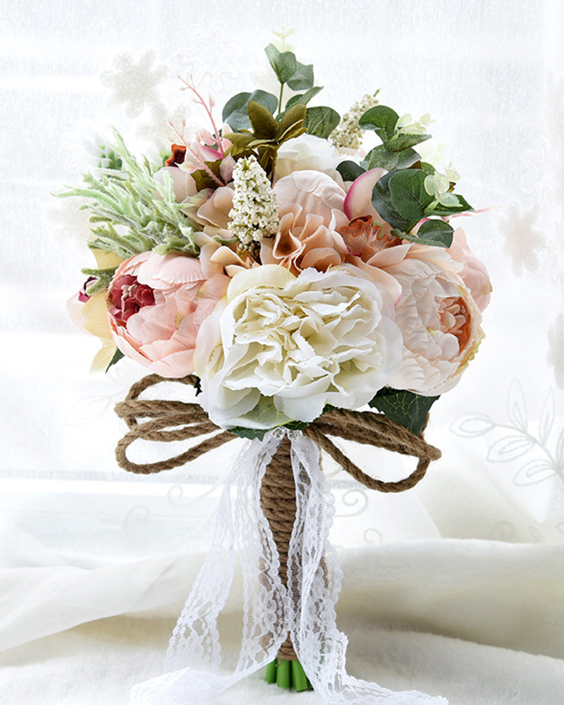 Outdoor Artificial Sarah Peony Flower Lace Ribbon Wedding Bouquets