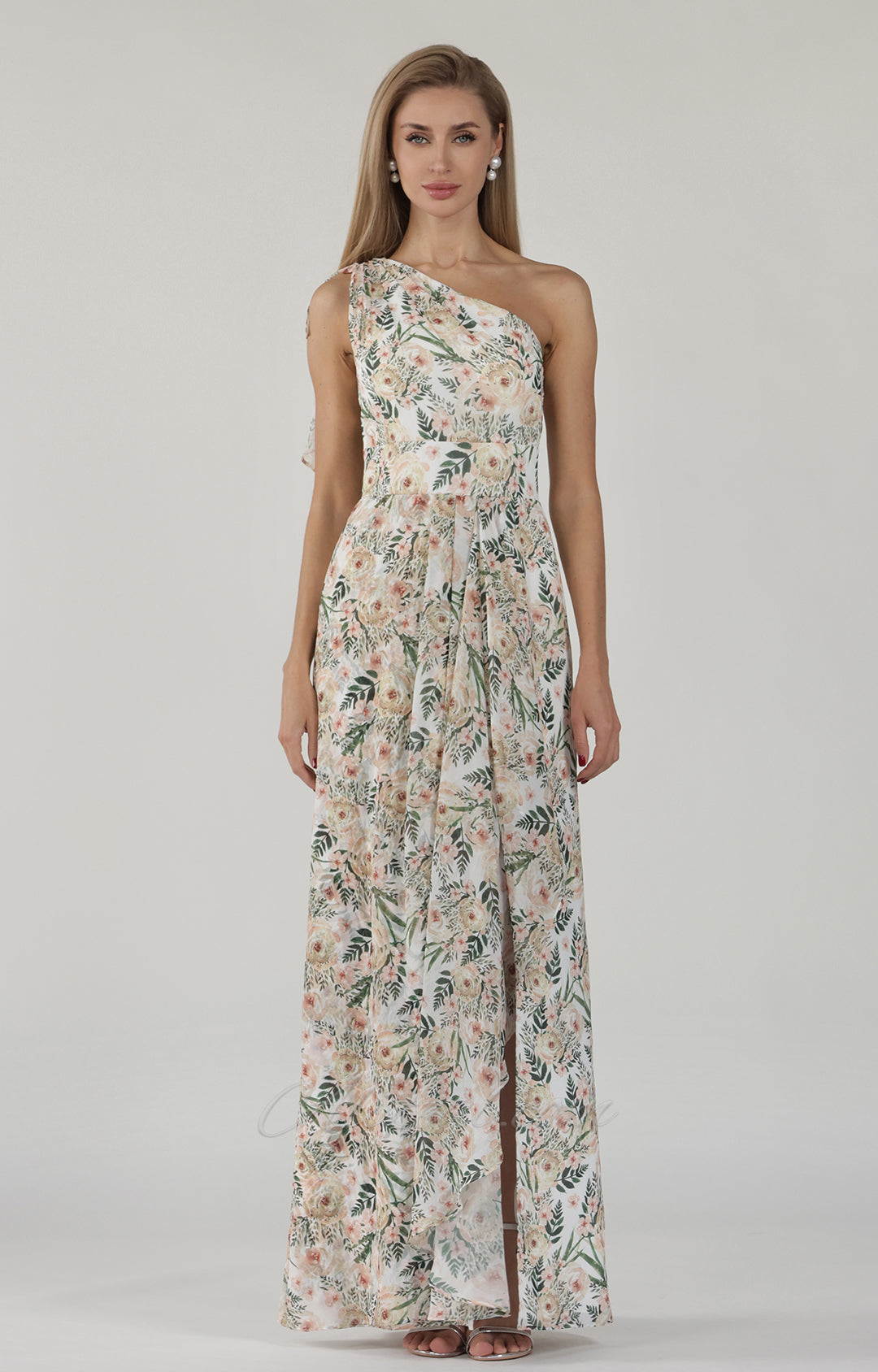 Floral One-Shoulder Slant Neck Mullein Lace A-Line Split Dress