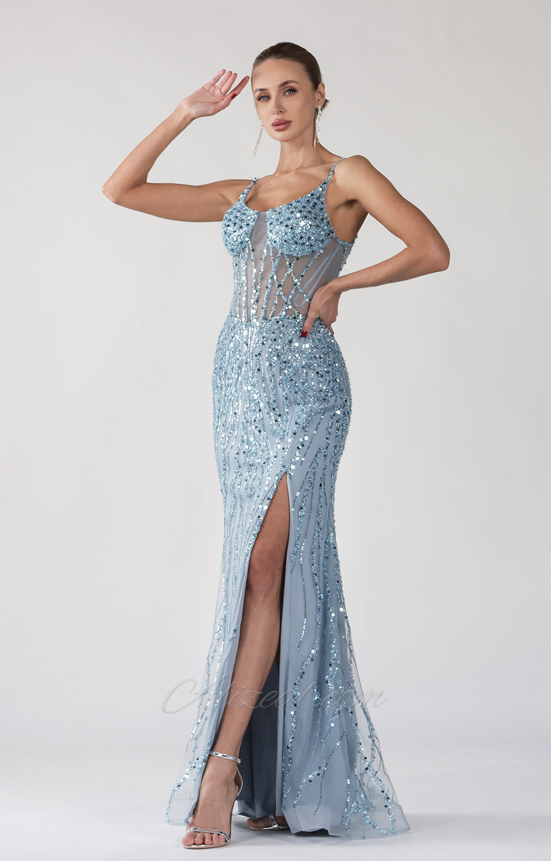 Robe de soirée corset transparente à bretelles spaghetti et col rond