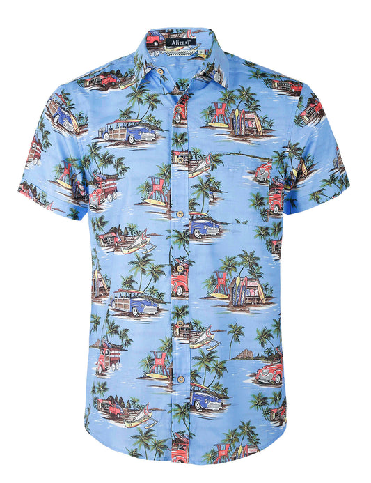Alizeal Mens Hawaiian Short Sleeve Shirts Floral Casual Button Down Summer Aloha Beach Shirts, Blue (Island)