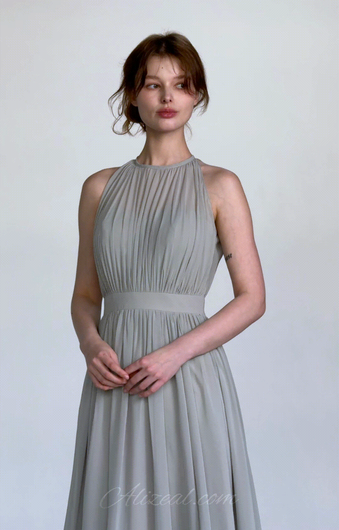 Halter Neckline Pleated Cinched Waist Dresses - Light Gray Halter Neckline Pleated Cinched Waist Dresses - Light Gray