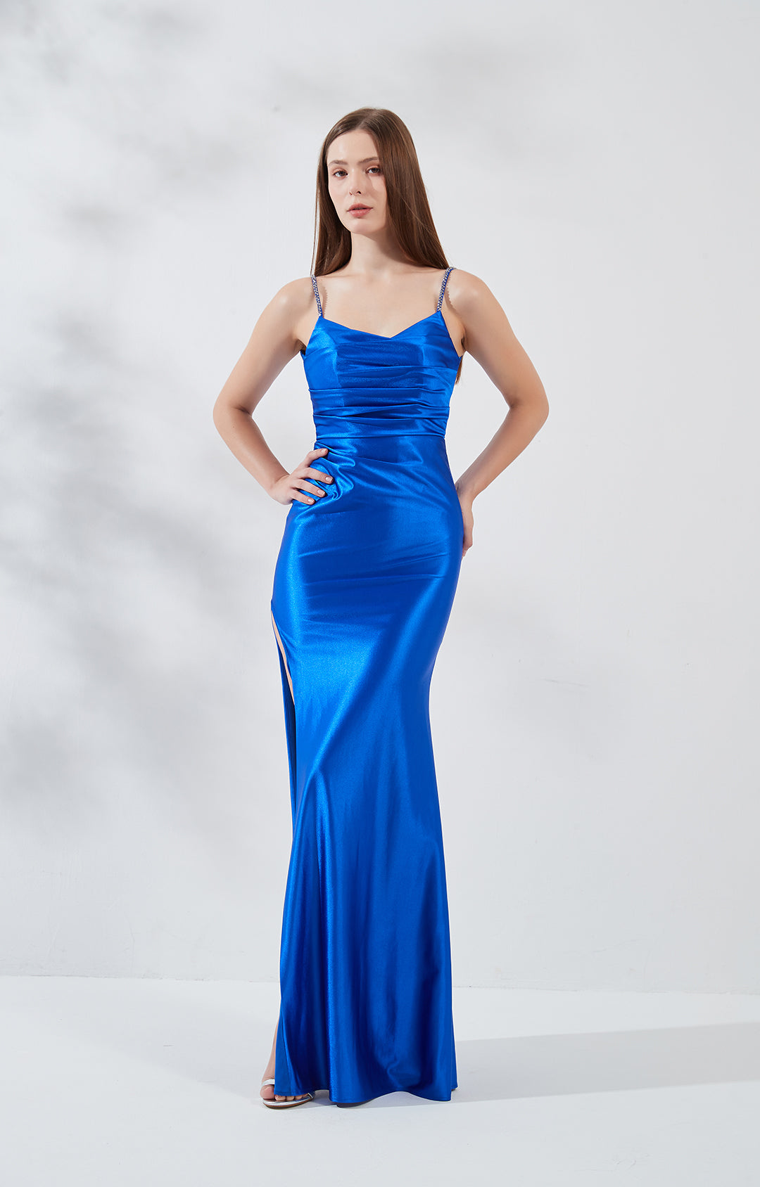 Beaded Spaghetti Strap Ruched Neckline High Split Dress