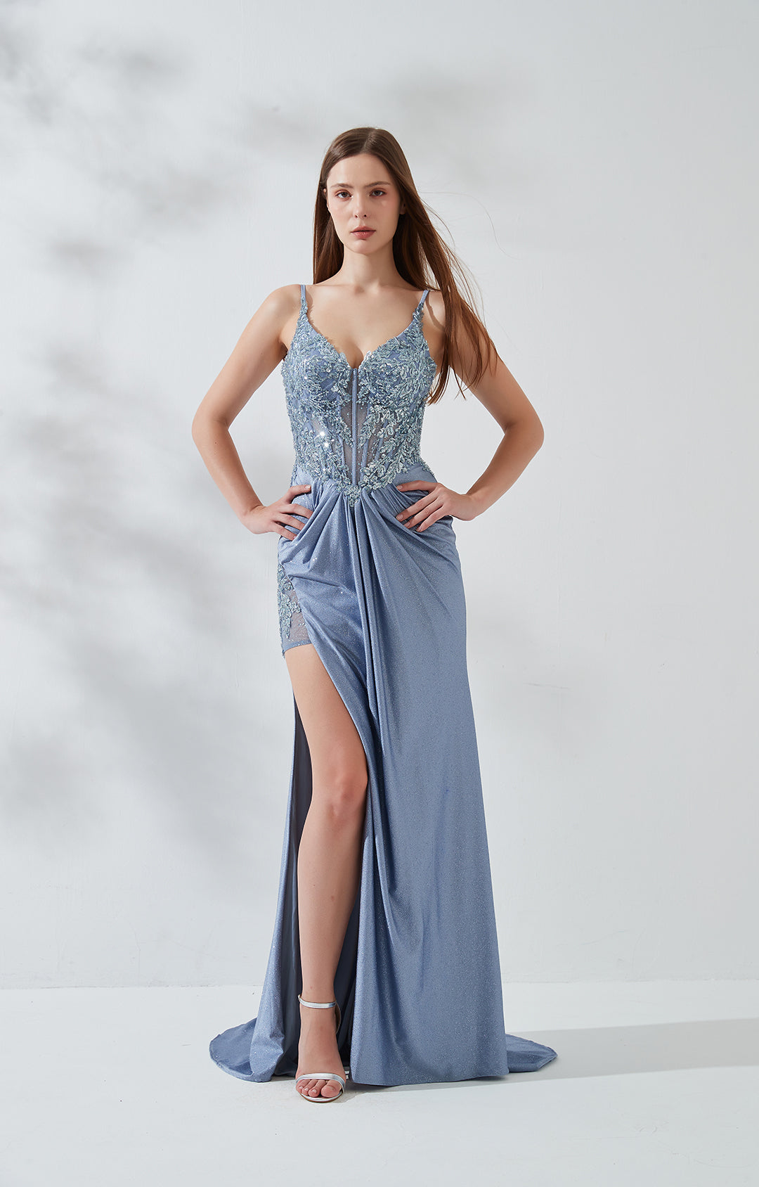 Spaghetti Straps Appliqued Pleated High Split Fishbone Zipper Evening Dresses