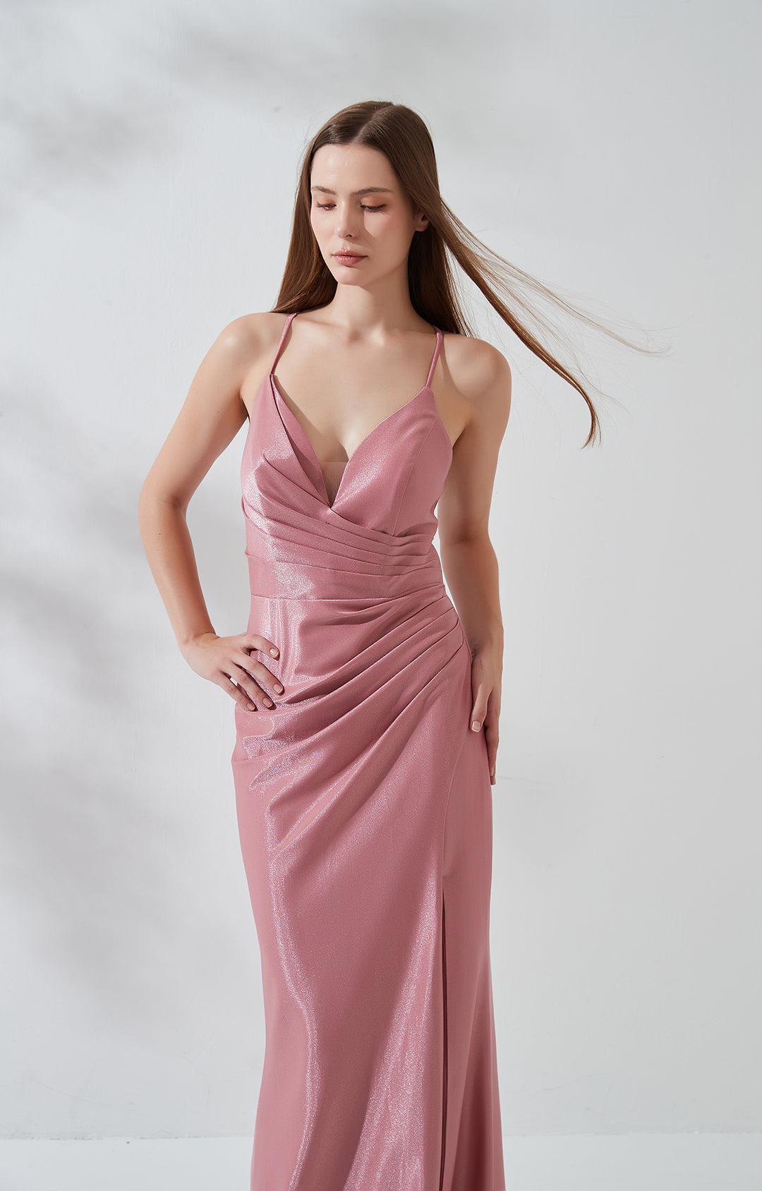 Stretchy V-Neck Slant Pleated Split Cross Strap Evening Dress